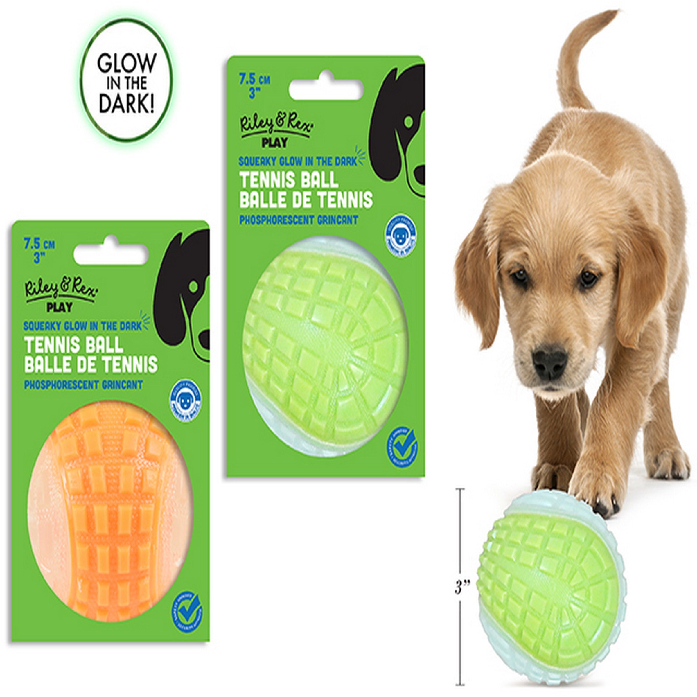 Riley & Rex Play 2-Tone Glow in the Dark Soft Squeaky TPR Tennis Ball Dog Toy 3in VRT 