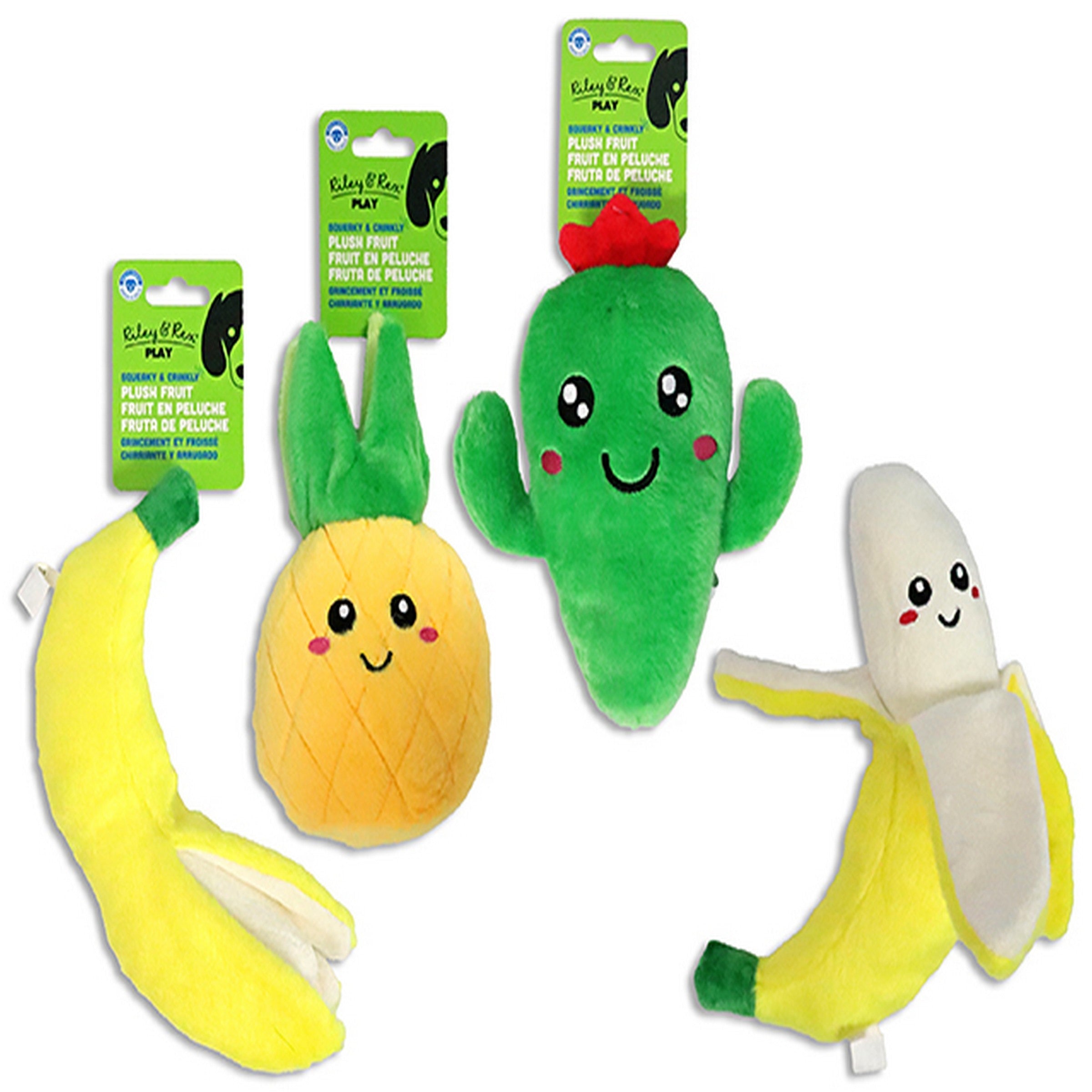 Riley & Rex Play Squeaky & Crinkle Plush with Embroidered Face Fruit Dog Toy 8in VRT 
