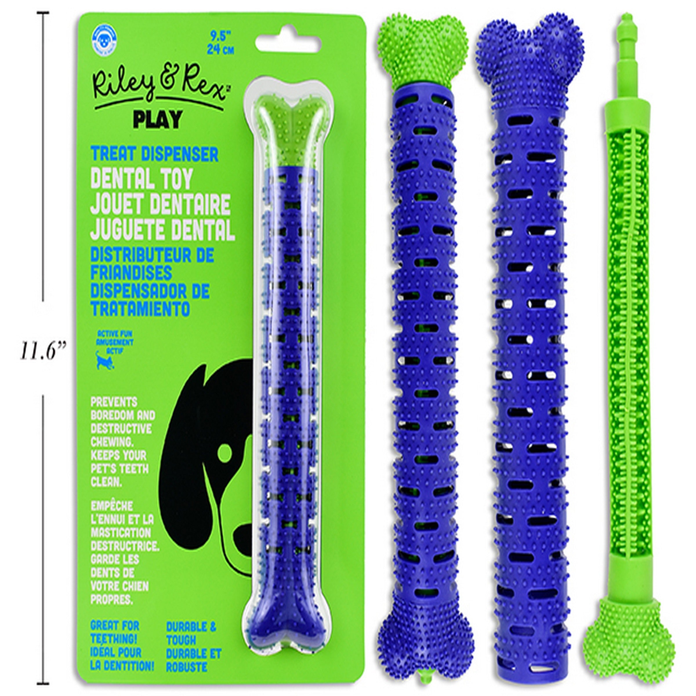 Riley & Rex Play TPR Bone Shape Dental Brush Treat Dispenser Dog Toy 9.5x1.75in 