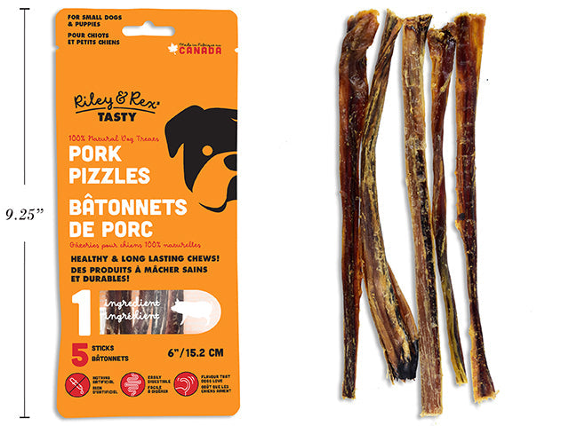 Riley & Rex Tasty 5pcs Pork Pizzles 100% Natural Dog Treats 6in 