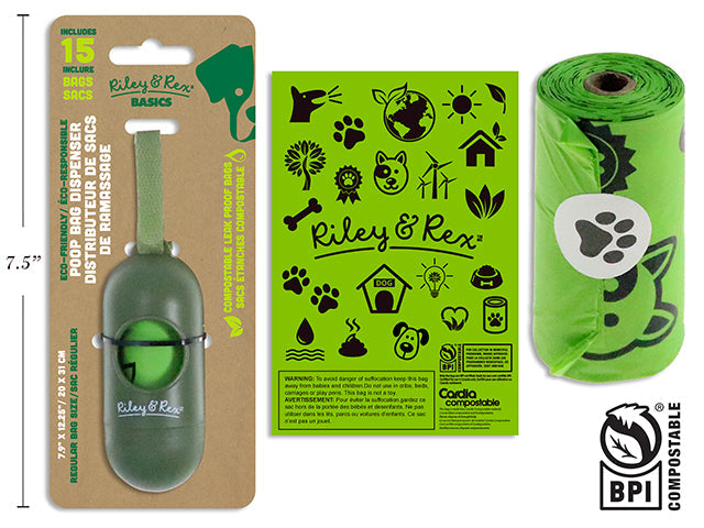 Riley & Rex Basics Dog Poop Bag Dispenser with 15 7.9x12.25in Bags - Eco-friendly 3.75in