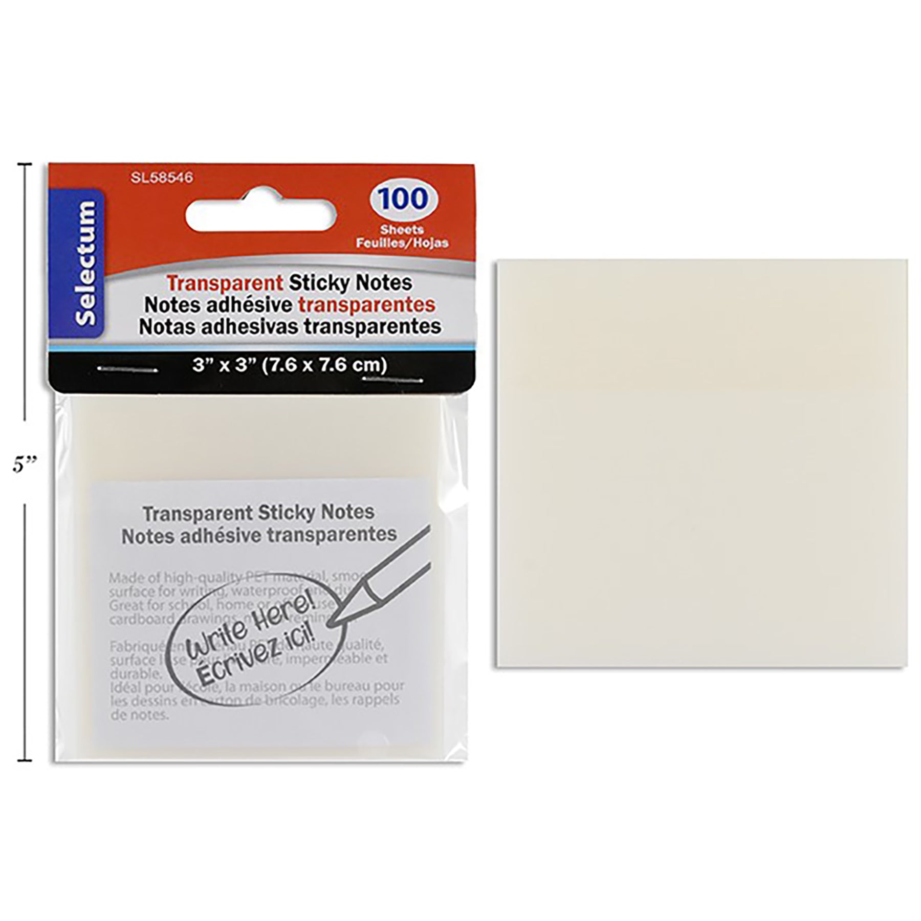 Selectum Transparent Sticky Notes - 100 Sheets 3x3in