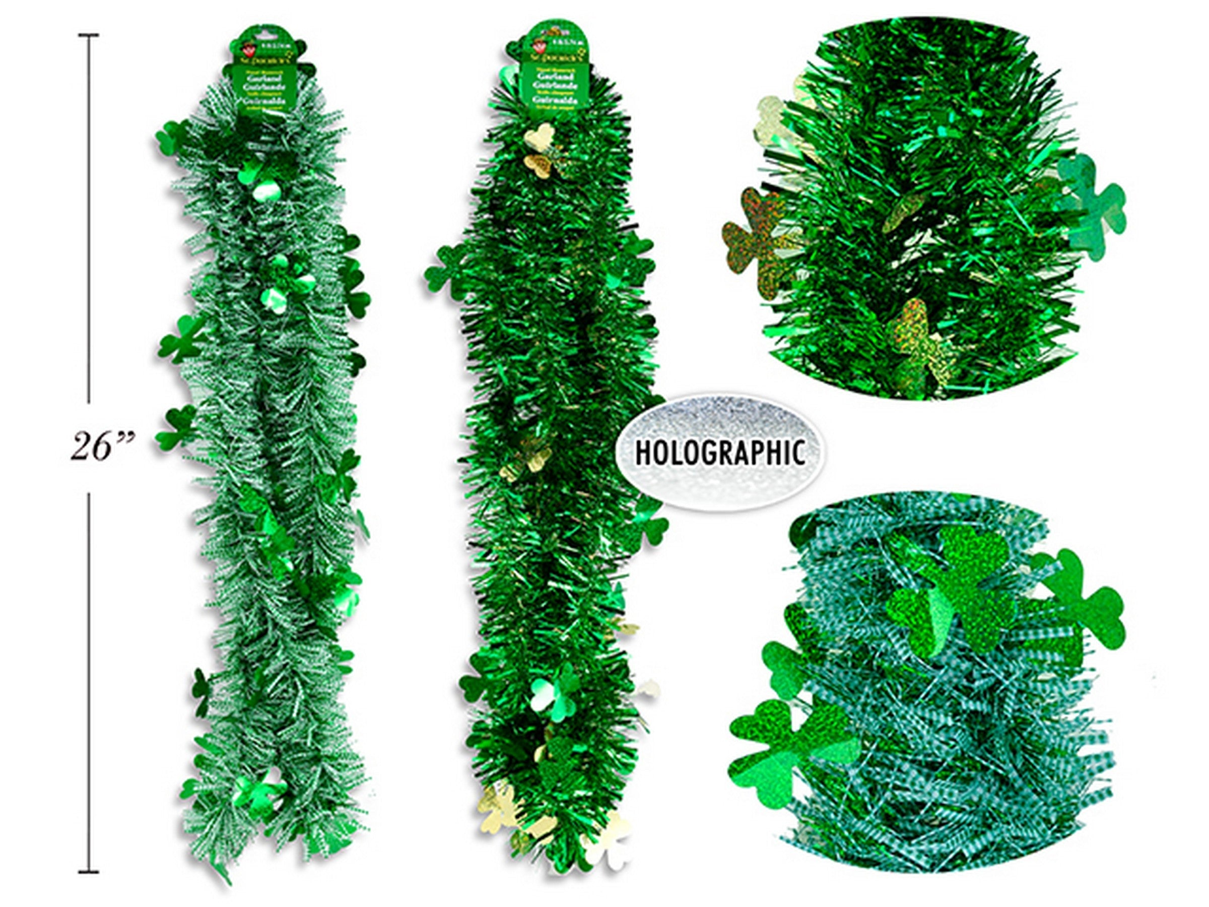 St-Patrick Holographic Die-cut Shamrock Tinsel Garland 108in VRT