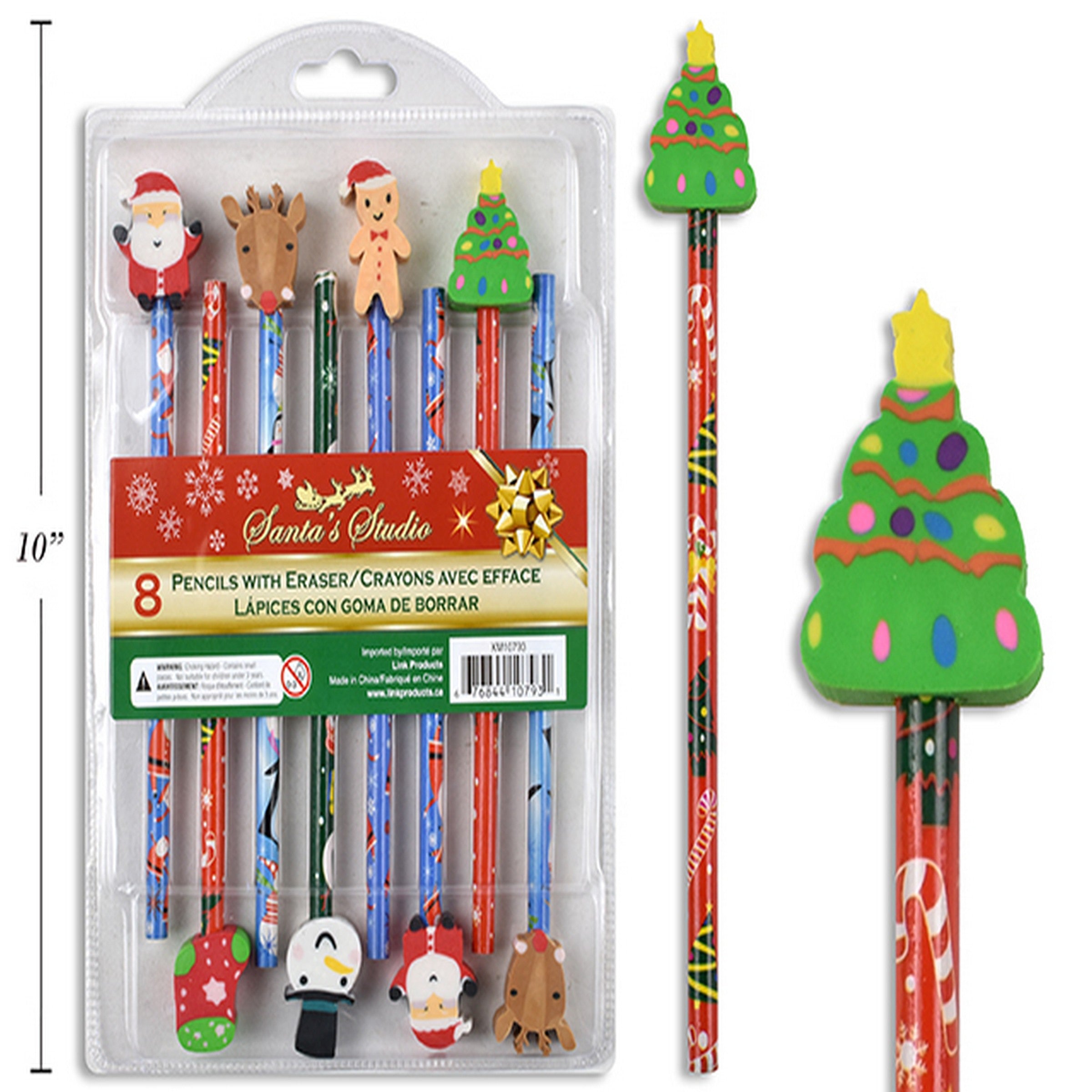 Christmas 8 Pencils with Eraser Topper 