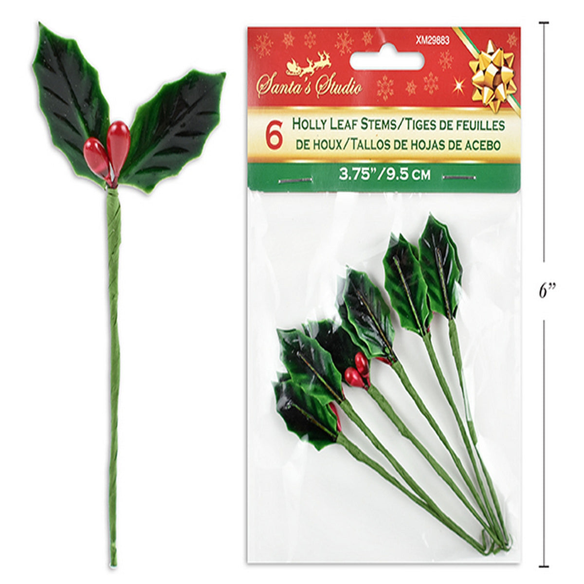 Christmas 6 Holly Leaf Stems 3.75in 