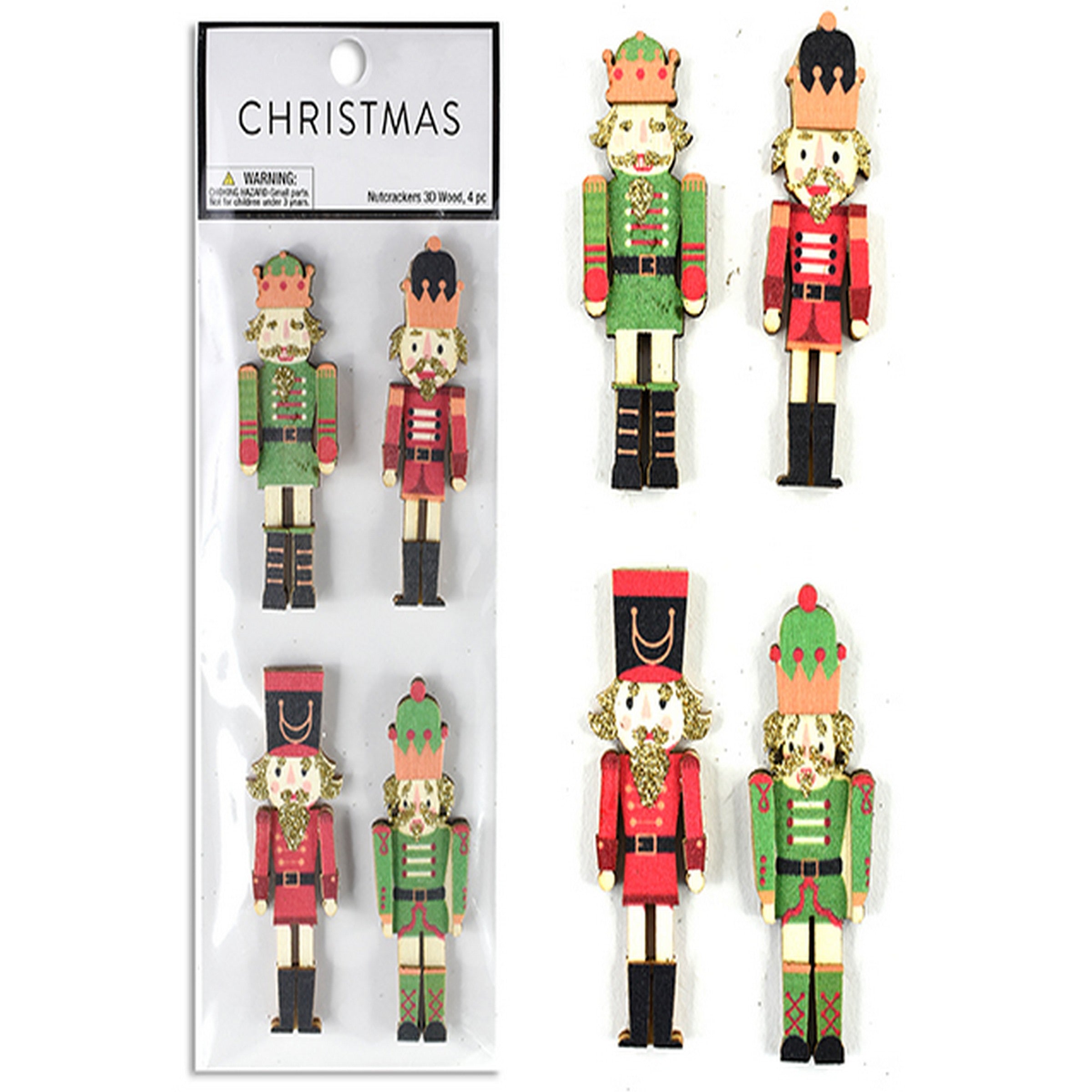 Christmas 4 Glitter MDF 2-Layer Nutcracker Stickers 2.5x1in 