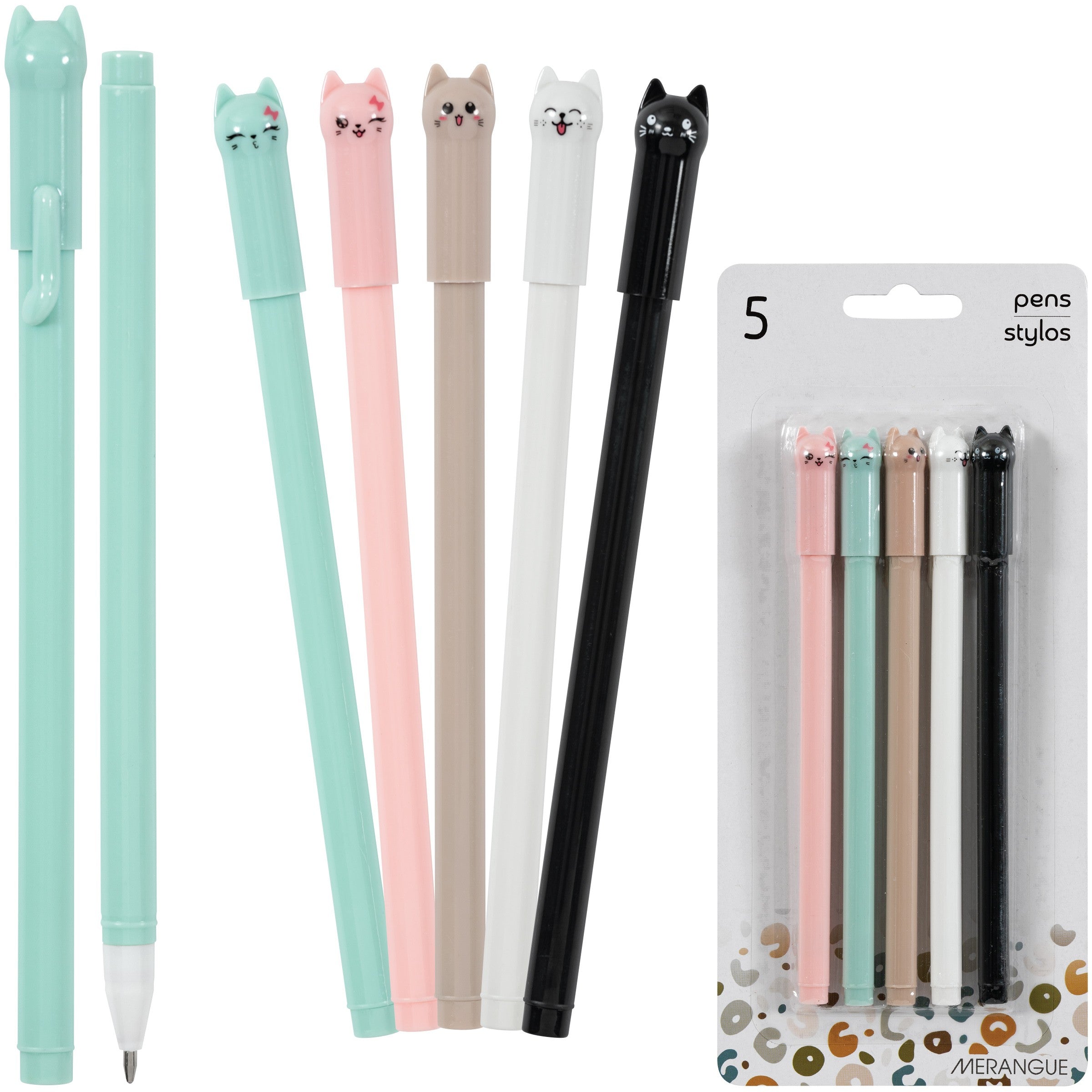 Merangue 5 Cat Expression Gel Pens - Black Ink 6in 