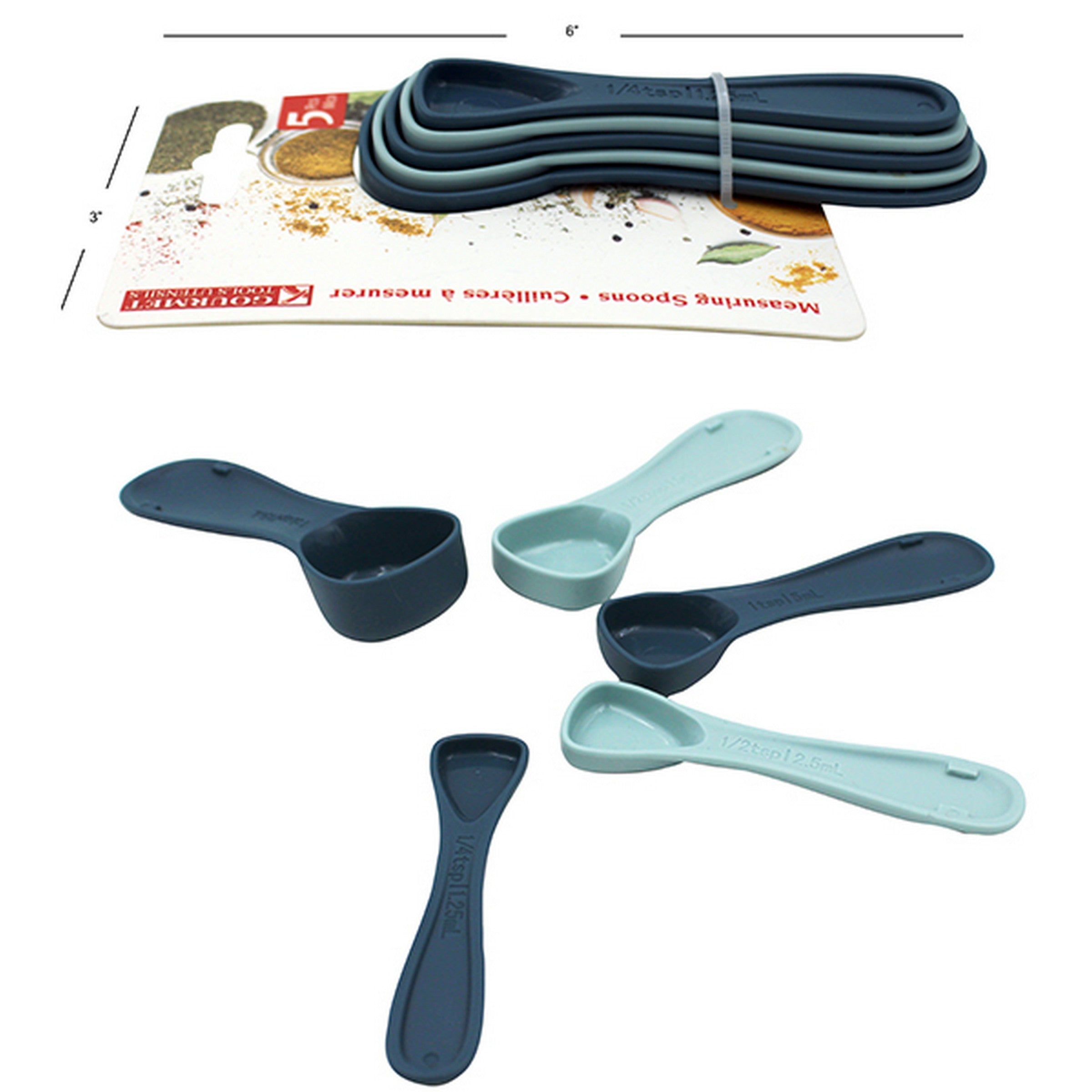Gourmet 5 Blue Plastic Measuring Spoons 1/4tsp to 1tbsp
