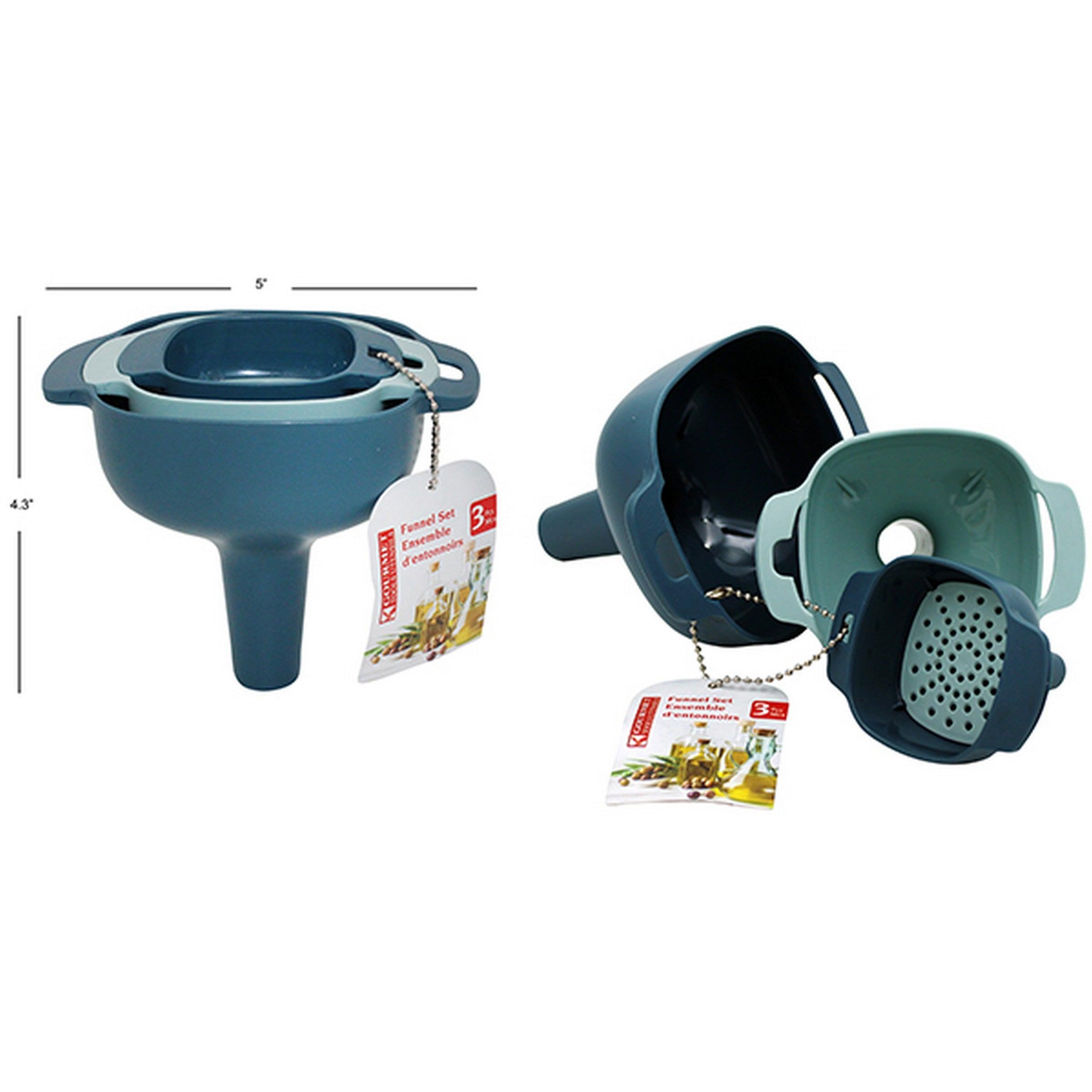 Gourmet 3 Blue Plastic Funnels with Snap Lock 2.3in to 3.75in