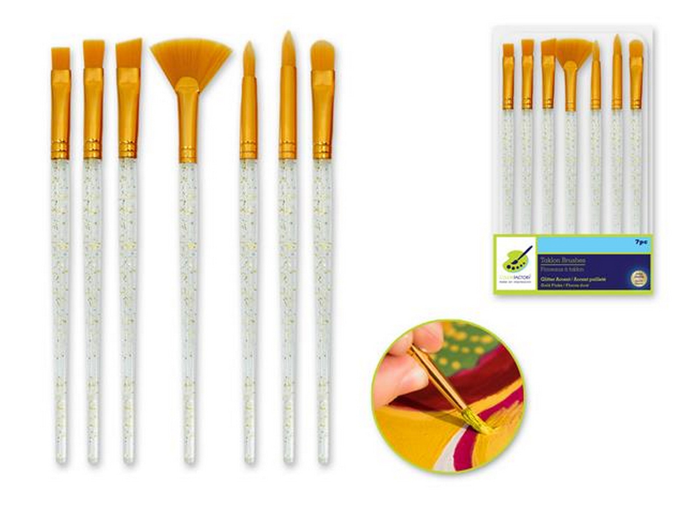 Color Factory 7pcs Artist Brush Set 100% Nylon with Gold Flake Handle