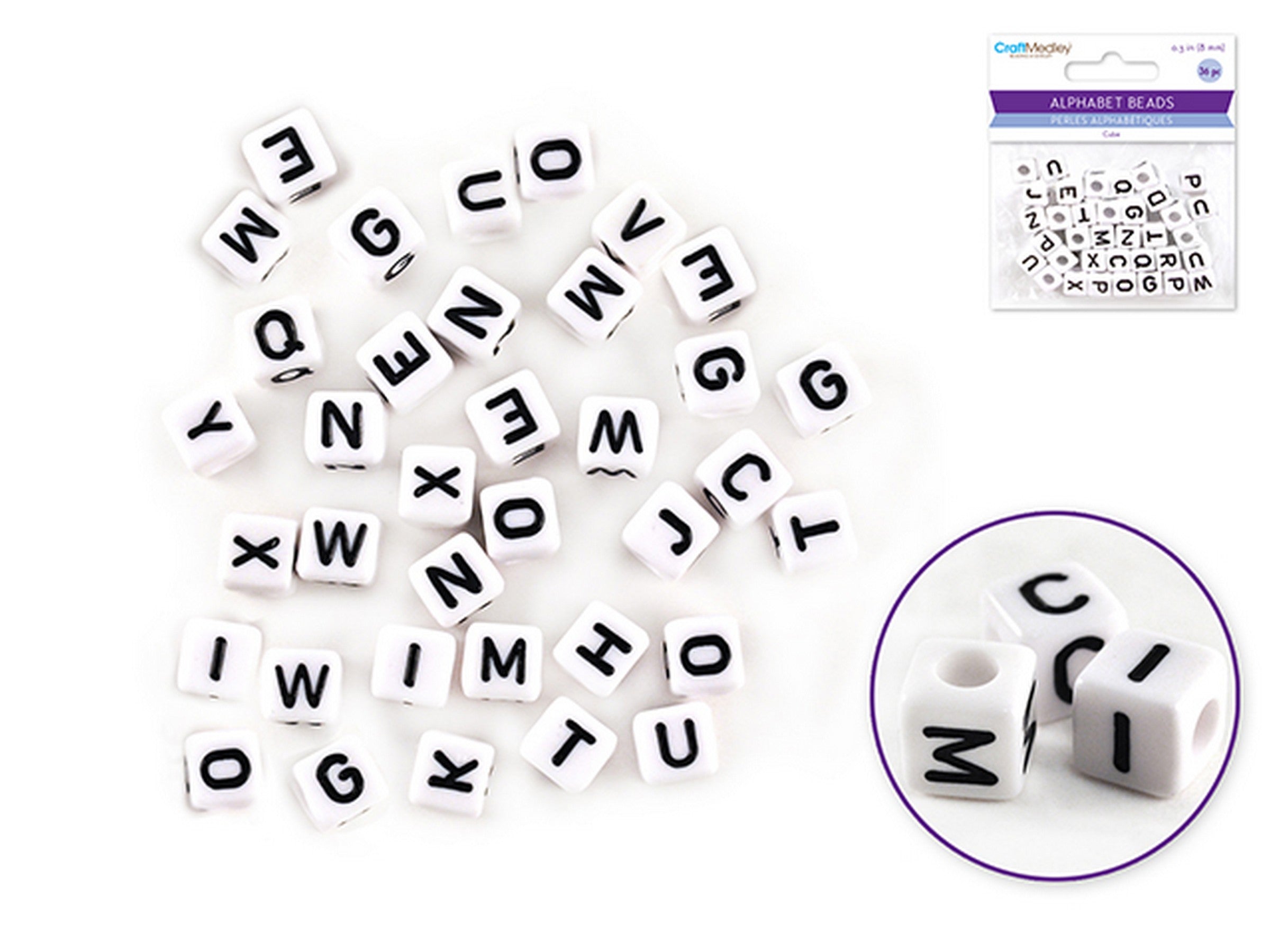 Accessoires Bijoux 36 Perles Alphabétiques - Cube Blanc avec Lettres Noires 0.3po