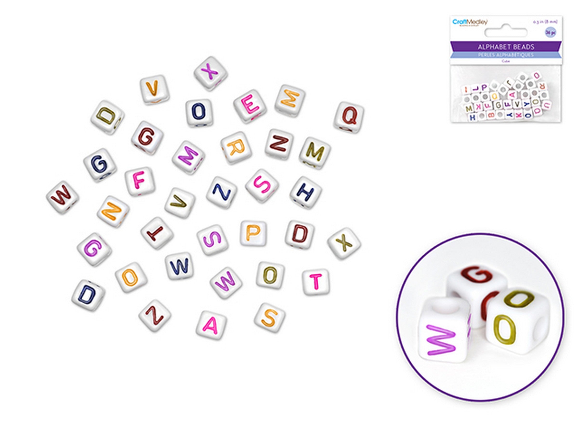 Accessoires Bijoux 36 Perles Alphabétiques - Cube Blanc avec Lettres Multicolores 0.3po