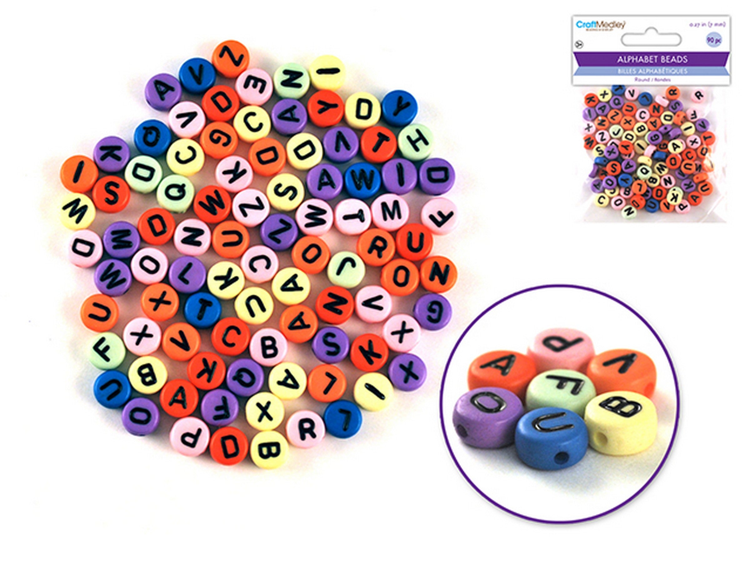 Beading and Jewelry 90 Round Alphabet Beads Multi-mix with Black Letters 0.27in