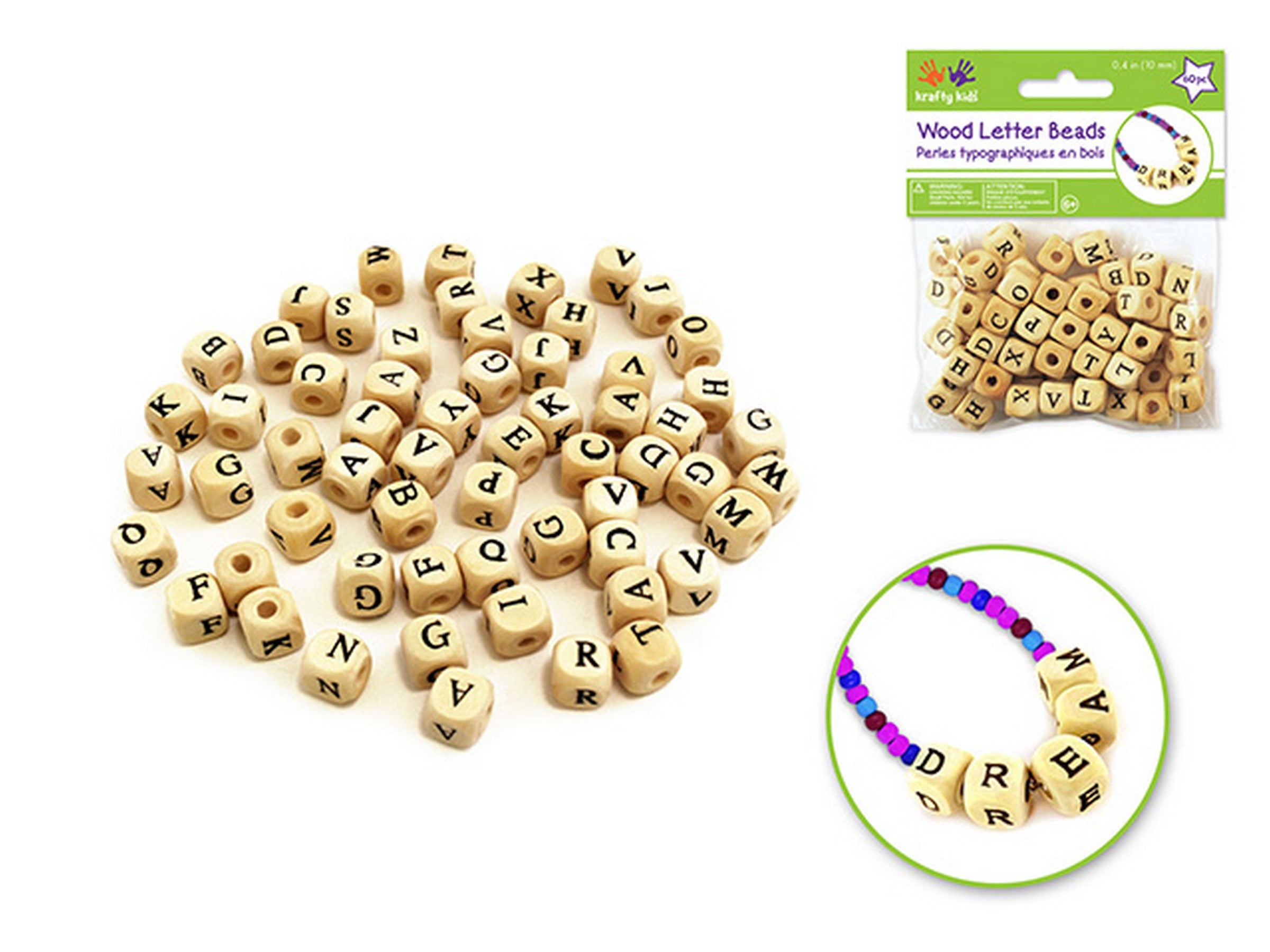 Krafty Kids 60 Perles Alphabétiques en Bois Naturel 0.4po