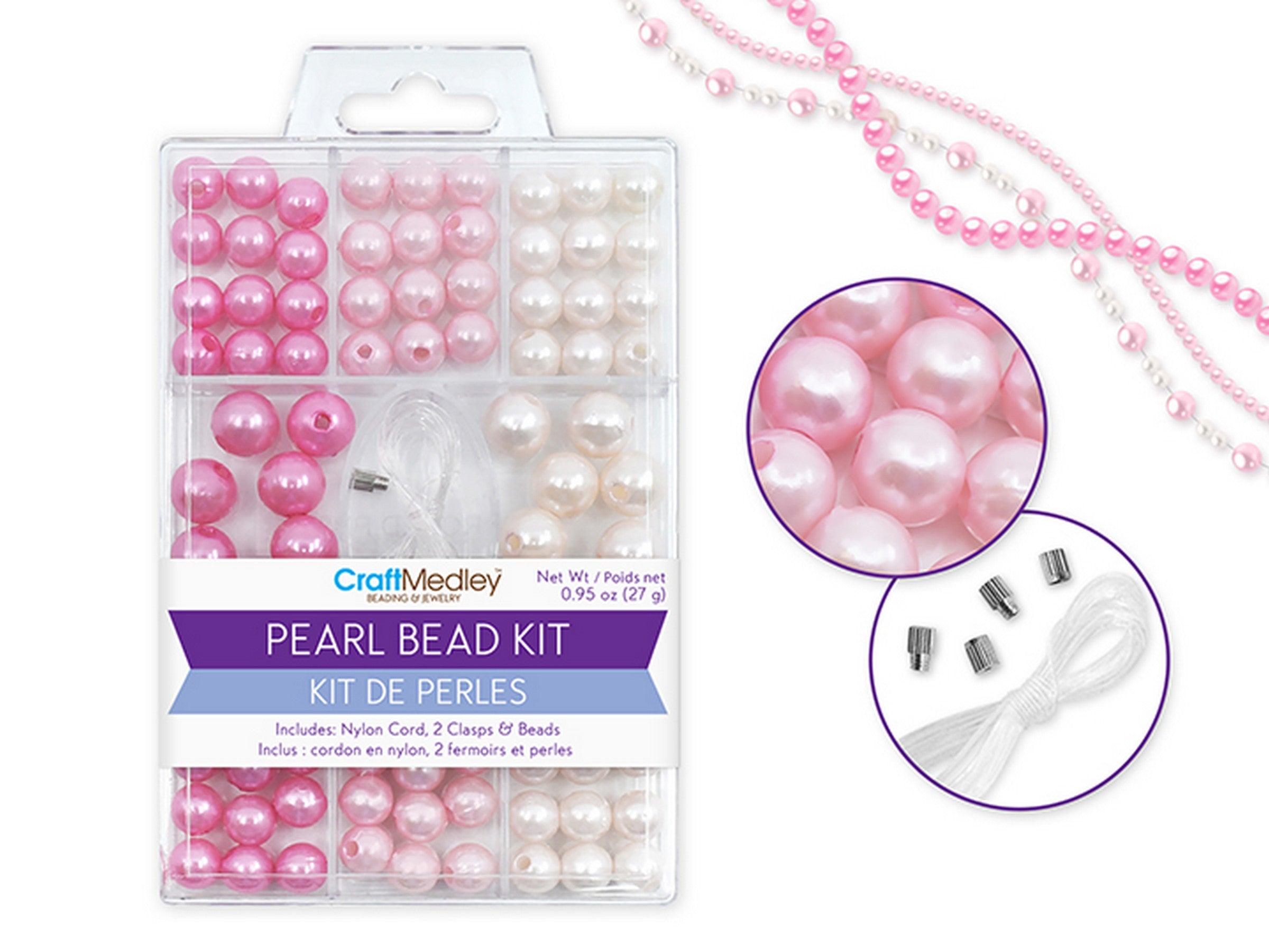 Beading and Jewelry Dyed Gloss Pink Pearl Bead Kit with Cord and Clasps 8 - 10mm  27g