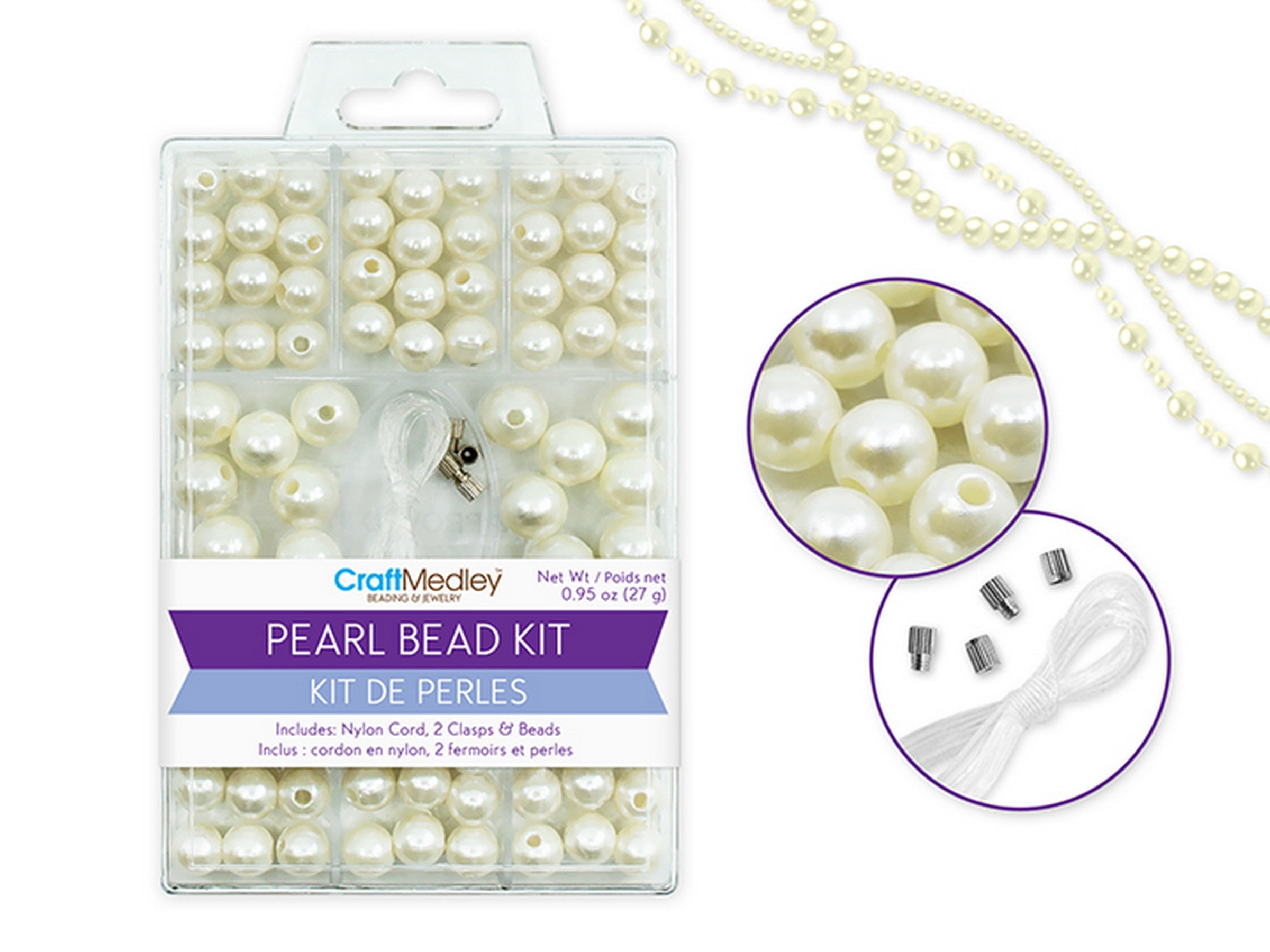 Beading and Jewelry Dyed Gloss Ivory Pearl Bead Kit with Cord and Clasps 8 - 10mm  27g