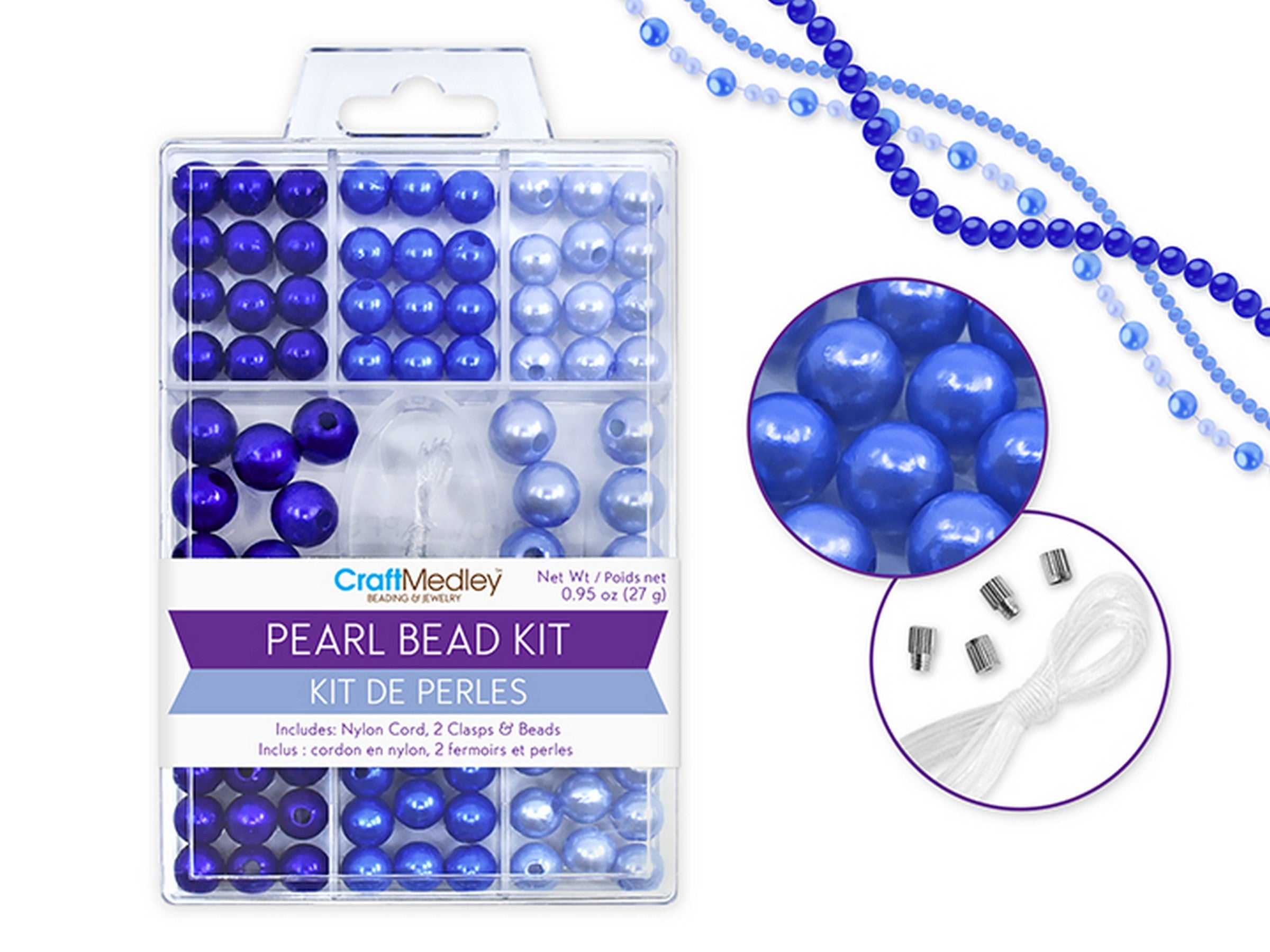 Beading and Jewelry Dyed Gloss Blue Pearl Bead Kit with Cord and Clasps 8 - 10mm  27g
