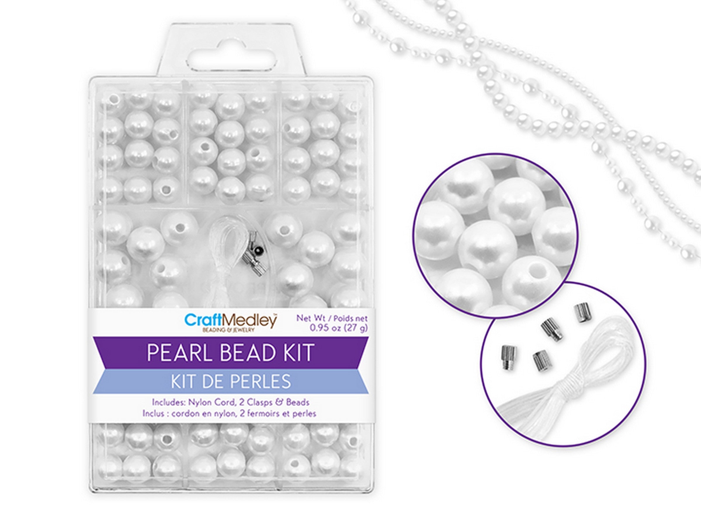 Beading and Jewelry Dyed Gloss White Pearl Bead Kit with Cord and Clasps 8 - 10mm  27g