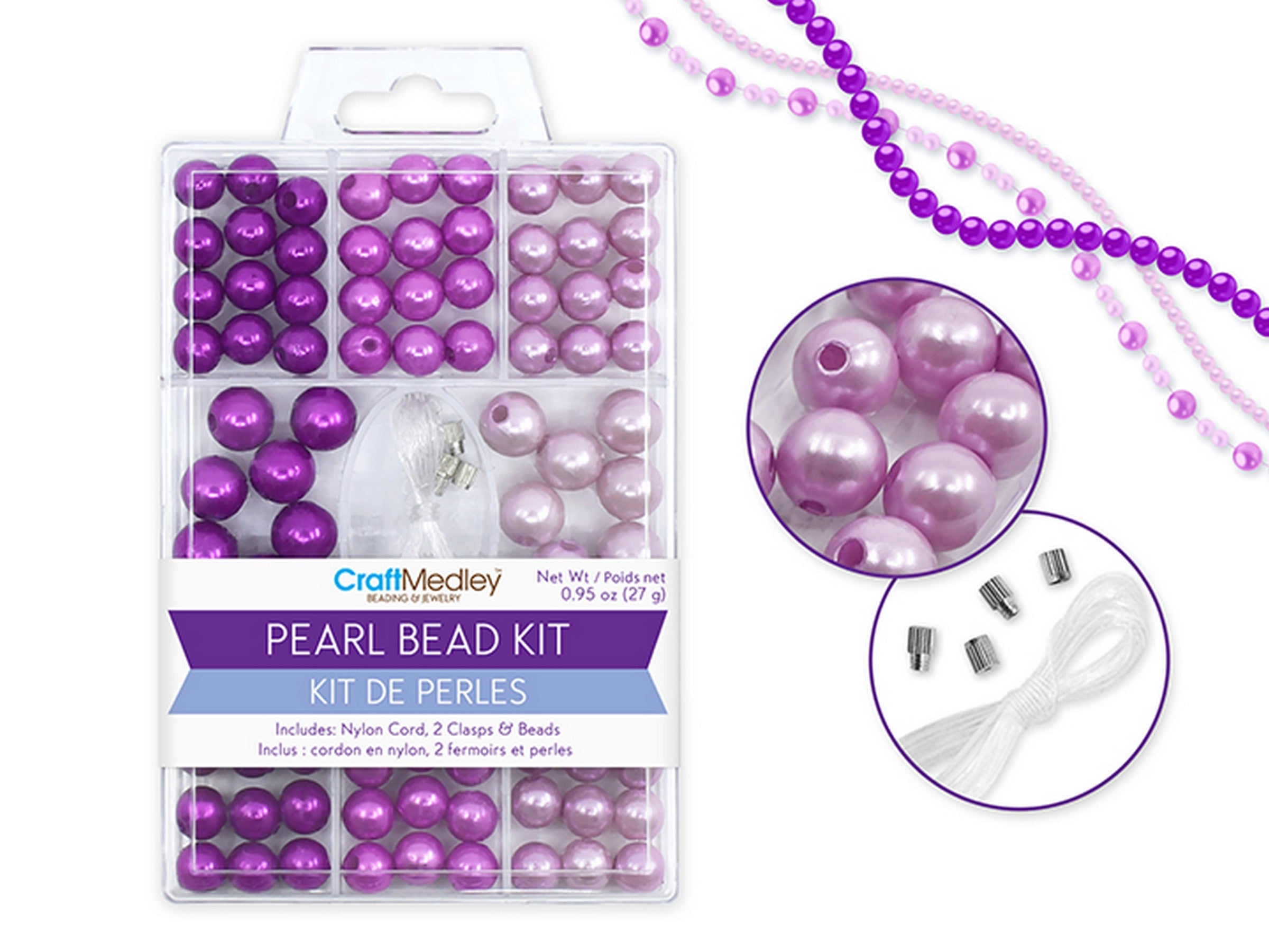 Beading and Jewelry Dyed Gloss Viola Pearl Bead Kit with Cord and Clasps 8 - 10mm  27g