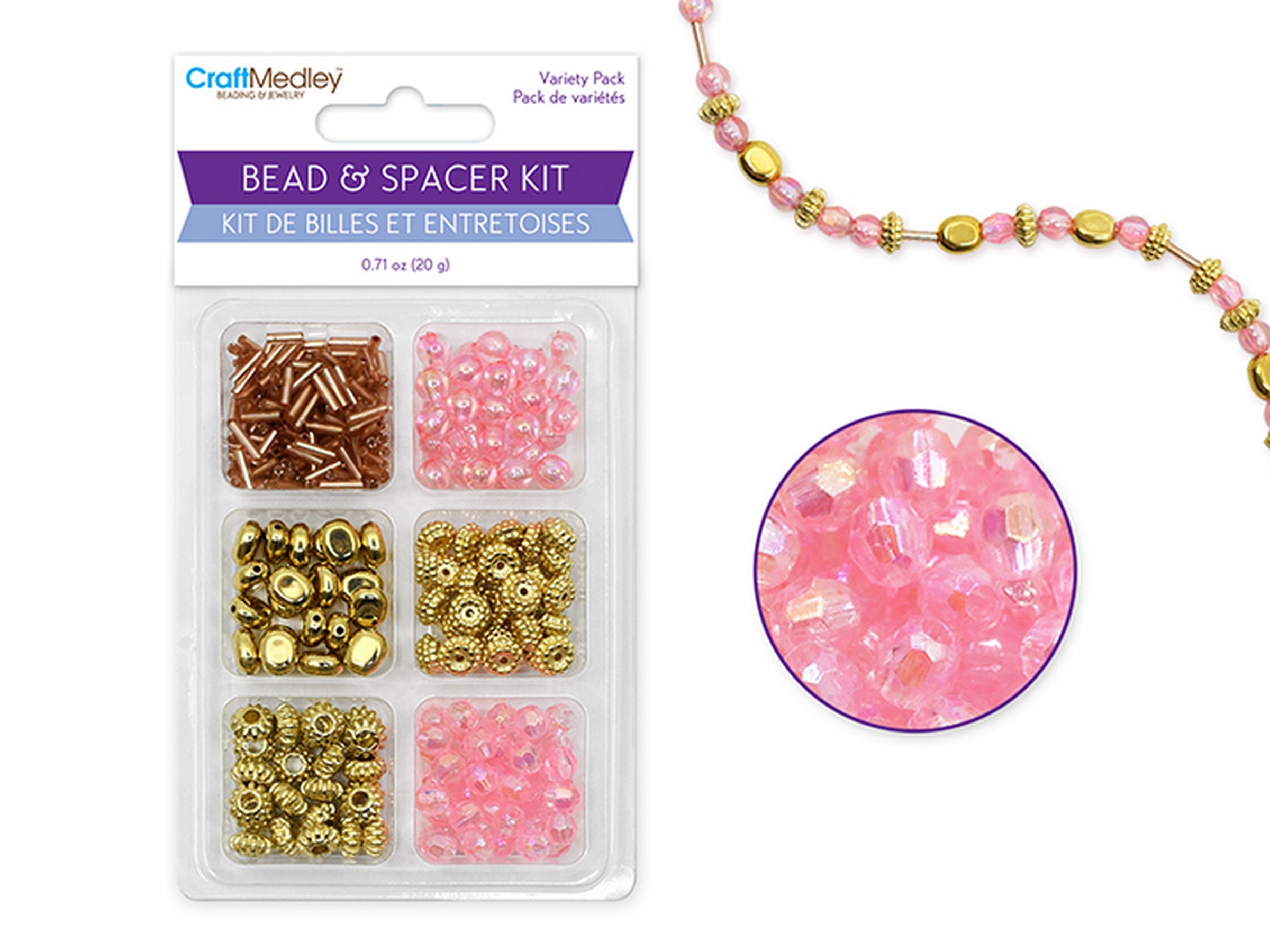 Beading and Jewelry Pink Bead and Spacer Kit - Glass Bugle, Acrylic Beads and Metallic Spacers 30g