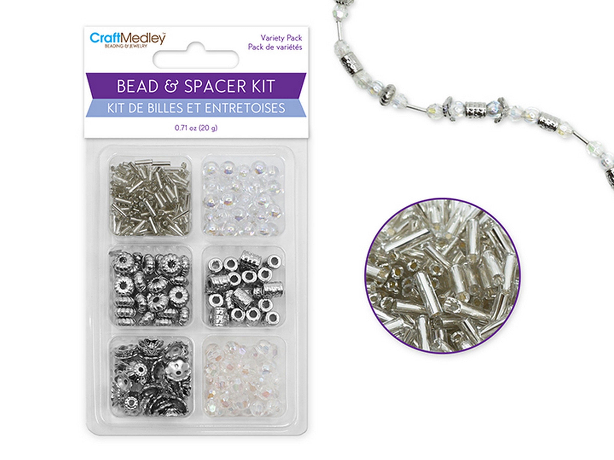 Beading and Jewelry Clear Bead and Spacer Kit - Glass Bugle, Acrylic Beads and Metallic Spacers 30g