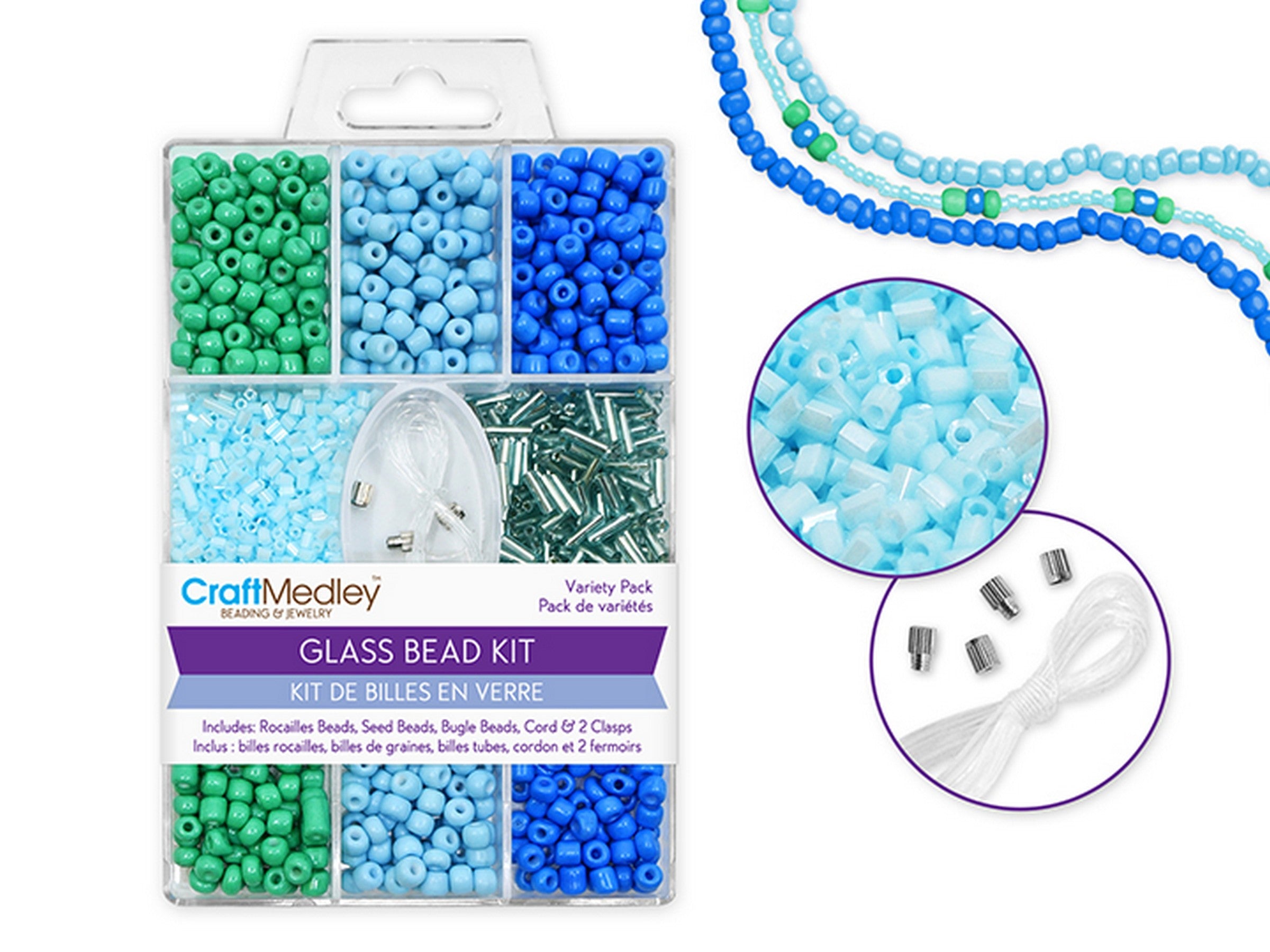 Beading and Jewelry Blue Glass Bead Kit - Rocailles/Seed/Bugles with Cord and Clasps 55g - 60g