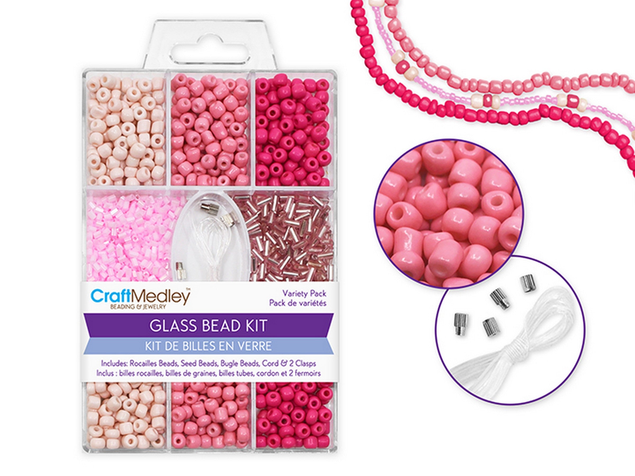 Beading and Jewelry Pink Glass Bead Kit - Rocailles/Seed/Bugles with Cord and Clasps 55g - 60g
