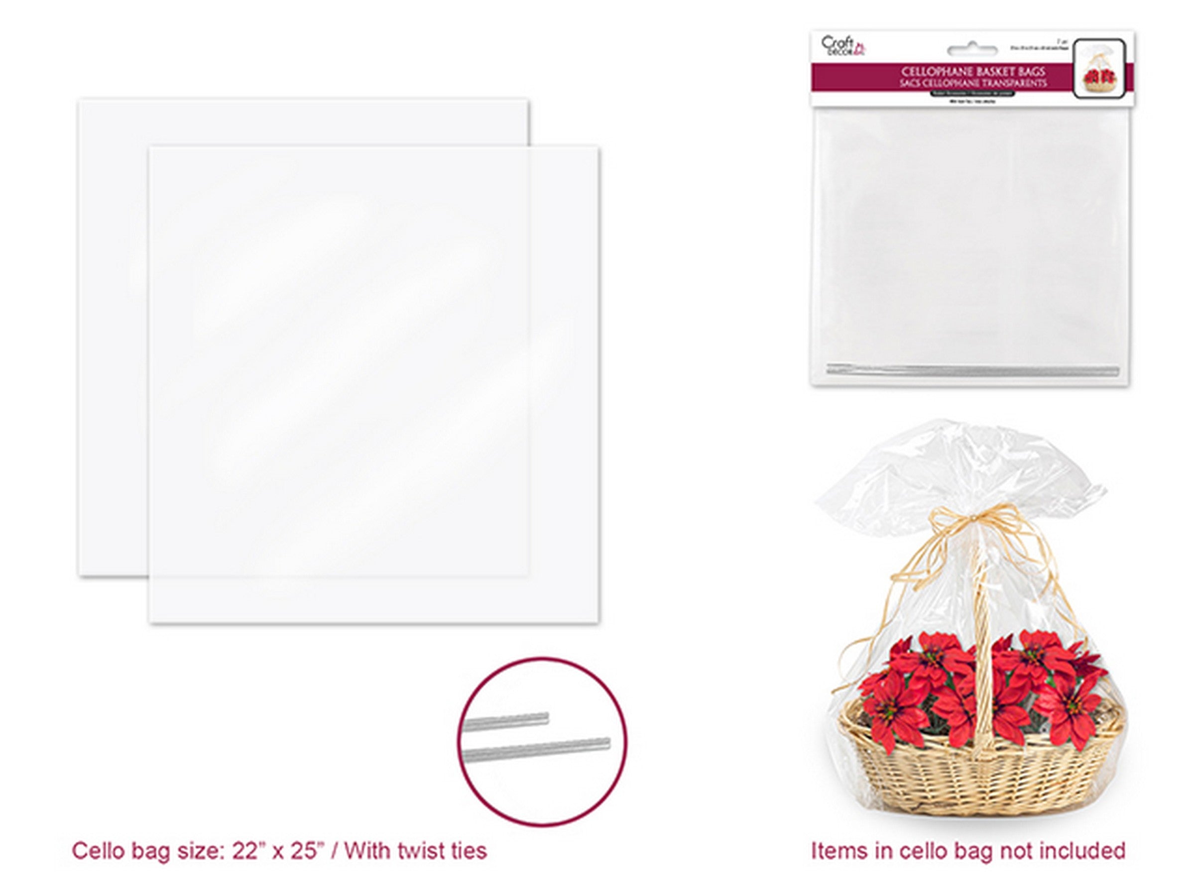 Craft Décor 2 Clear Cellophane Basket Bags with Twist Ties 22x25in