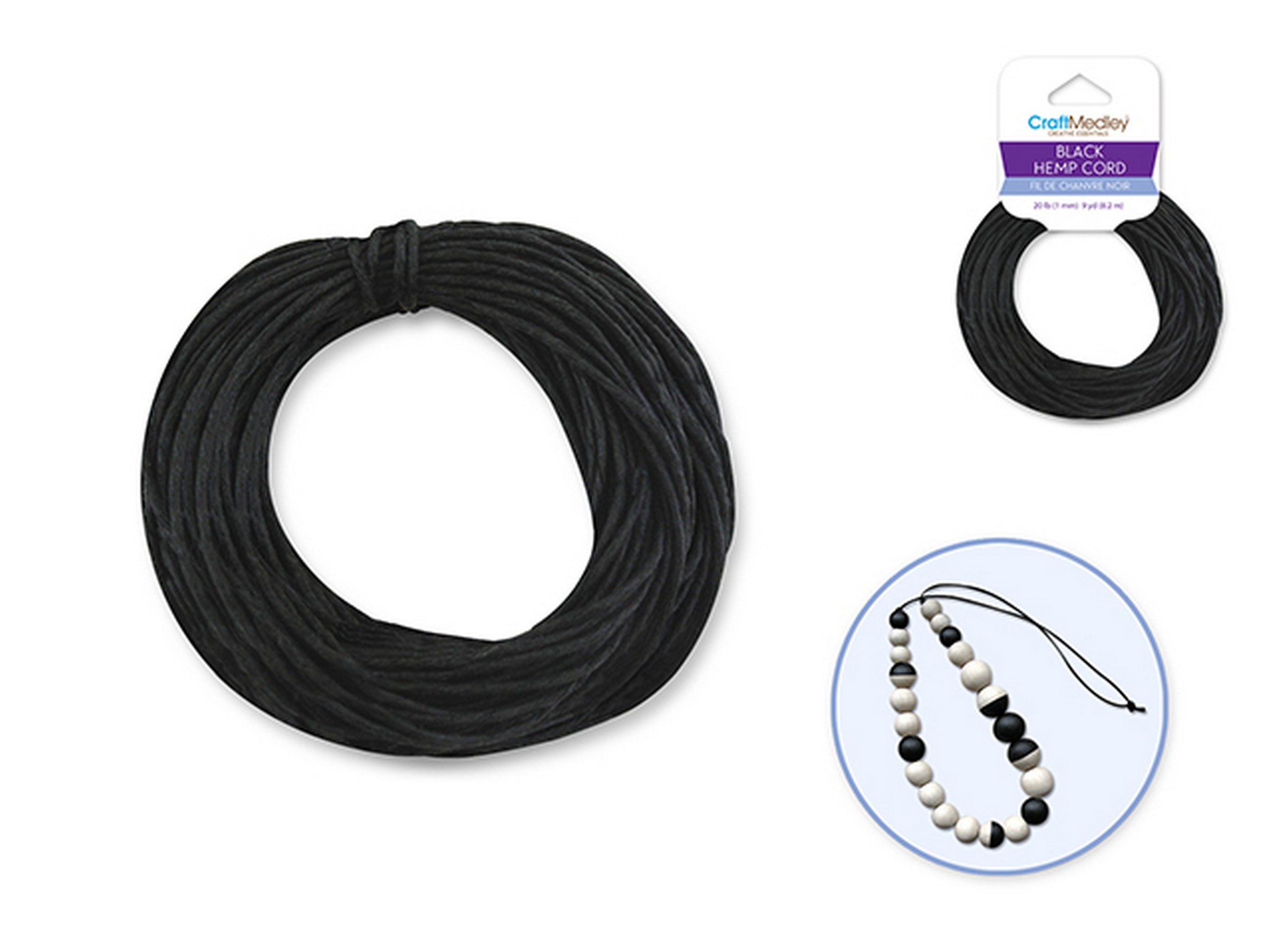 Beading and Jewelry Hemp Cord 100% Natural 20lb (1mm) Black 9yds (8.2m)