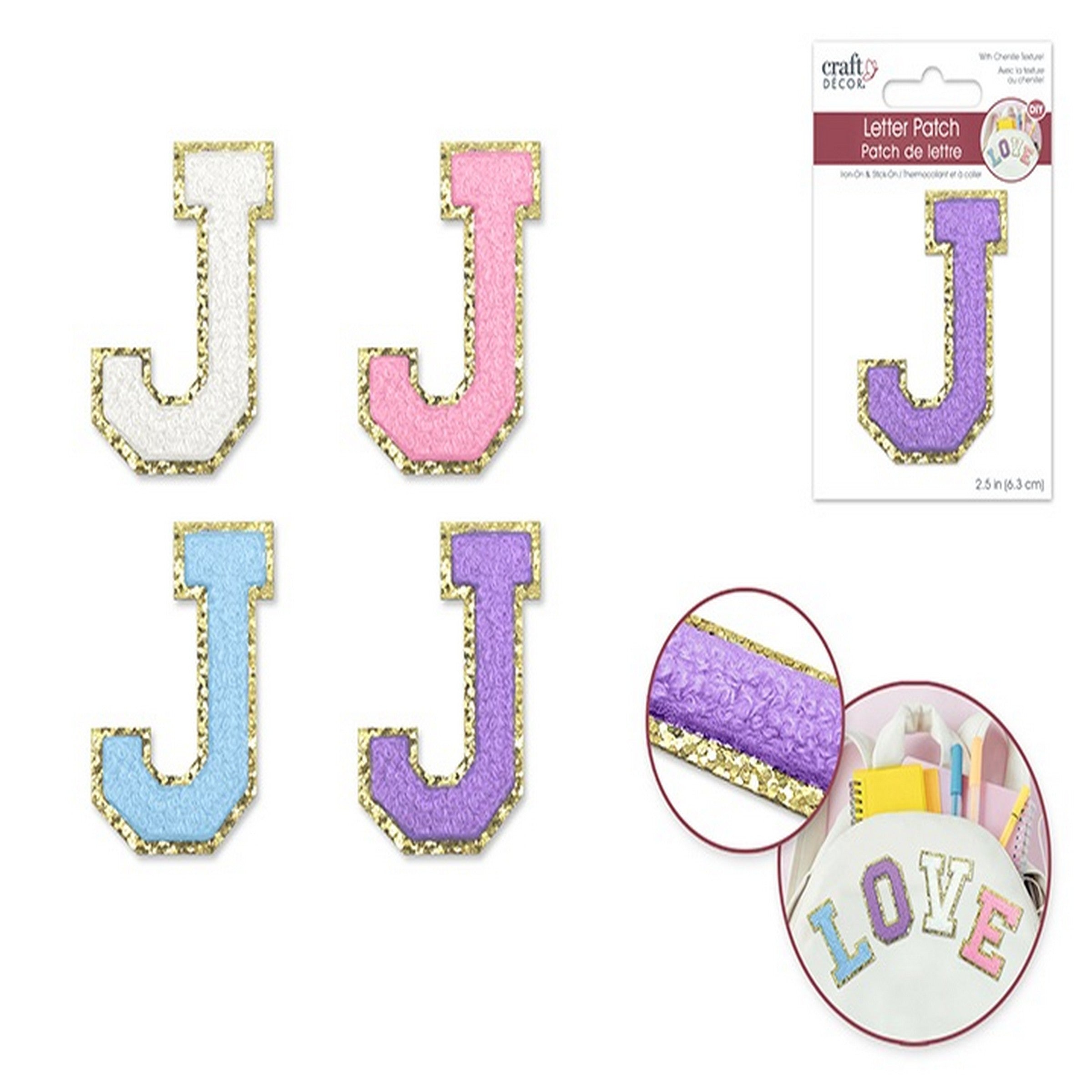 Craft Décor Iron-on 3D Chenille Letter J/Sticker Patch 2.5in  VRT 