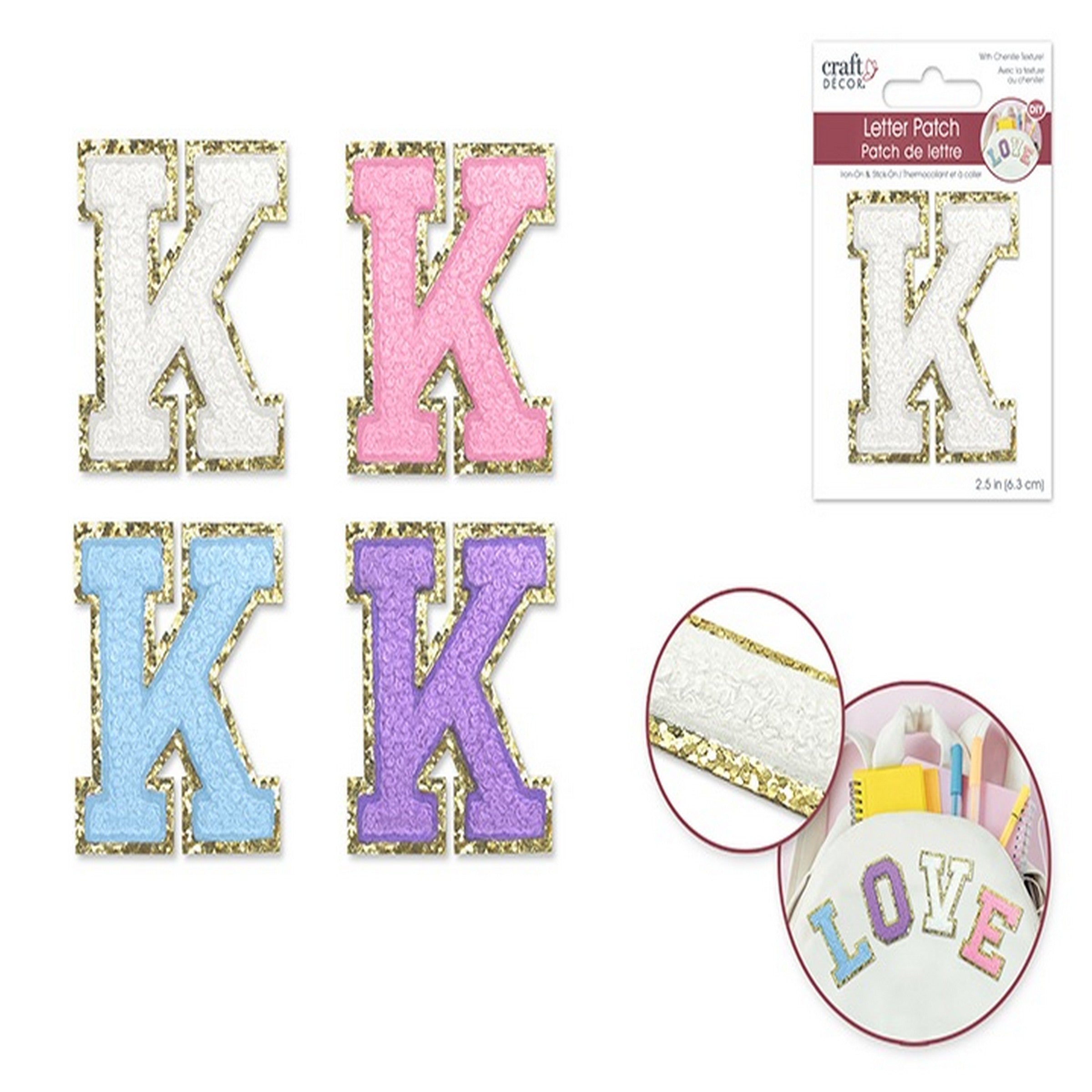 Craft Décor Iron-on 3D Chenille Letter K/Sticker Patch 2.5in  VRT 