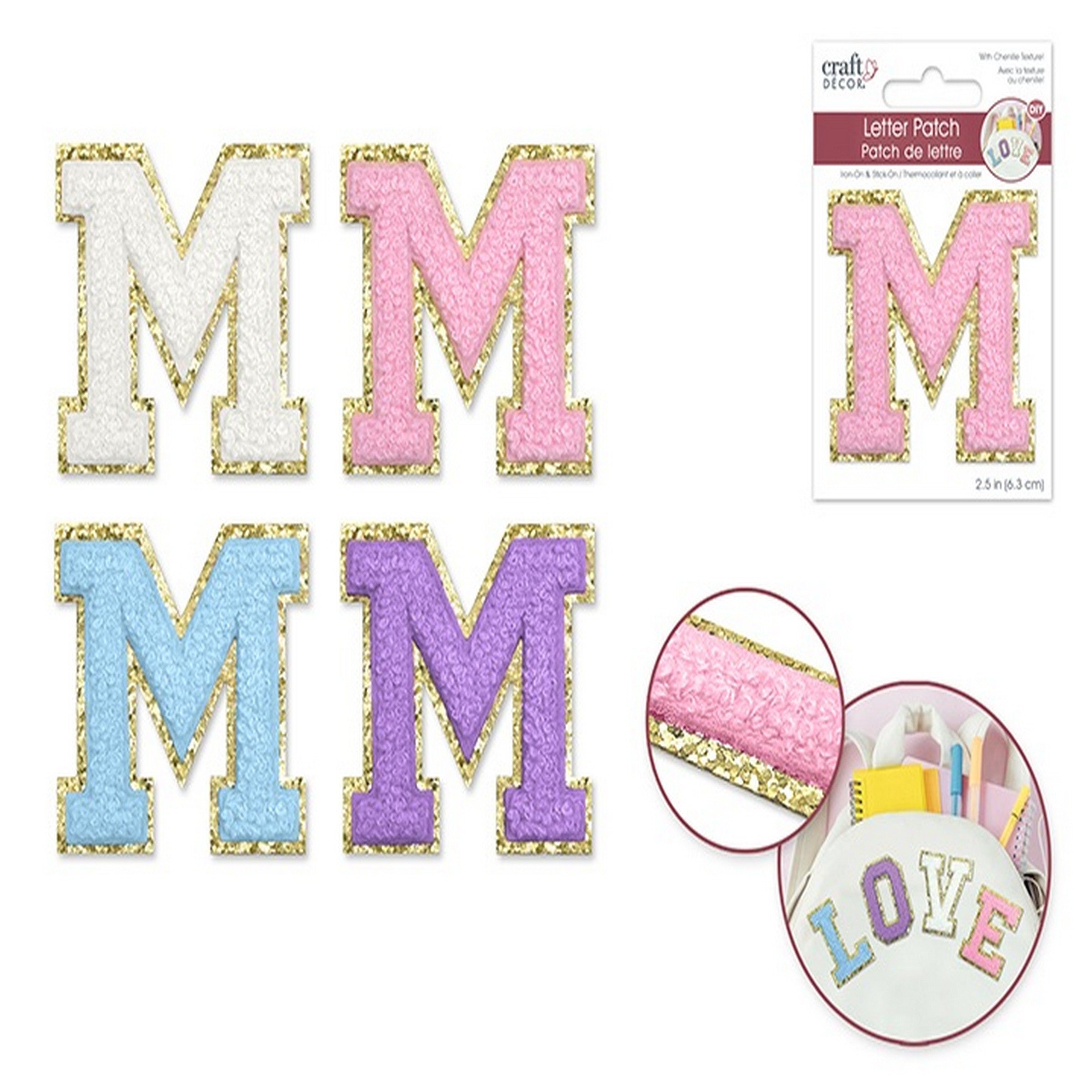 Craft Décor Iron-on 3D Chenille Letter M/Sticker Patch 2.5in  VRT