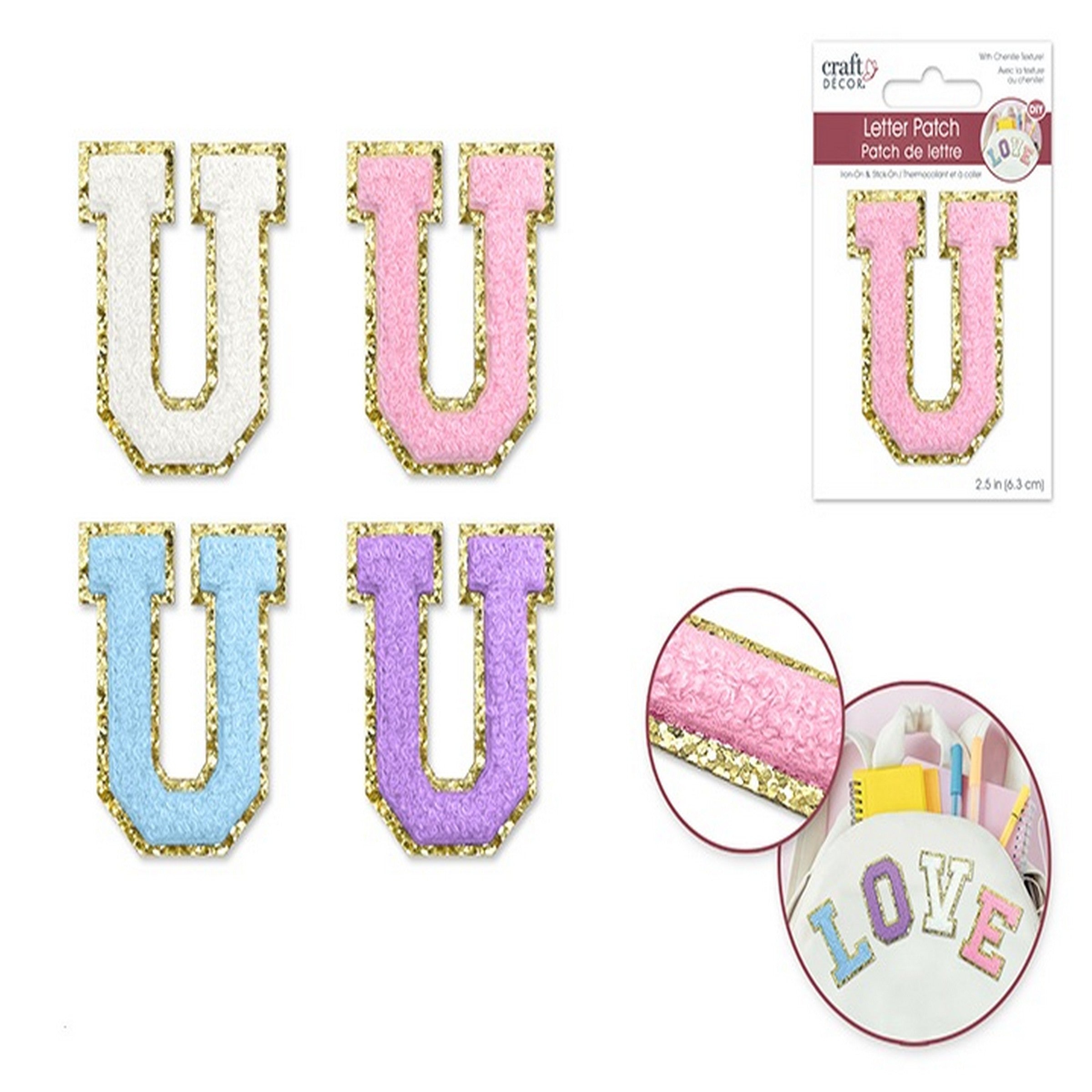Craft Décor Iron-on 3D Chenille Letter U/Sticker Patch 2.5in  VRT