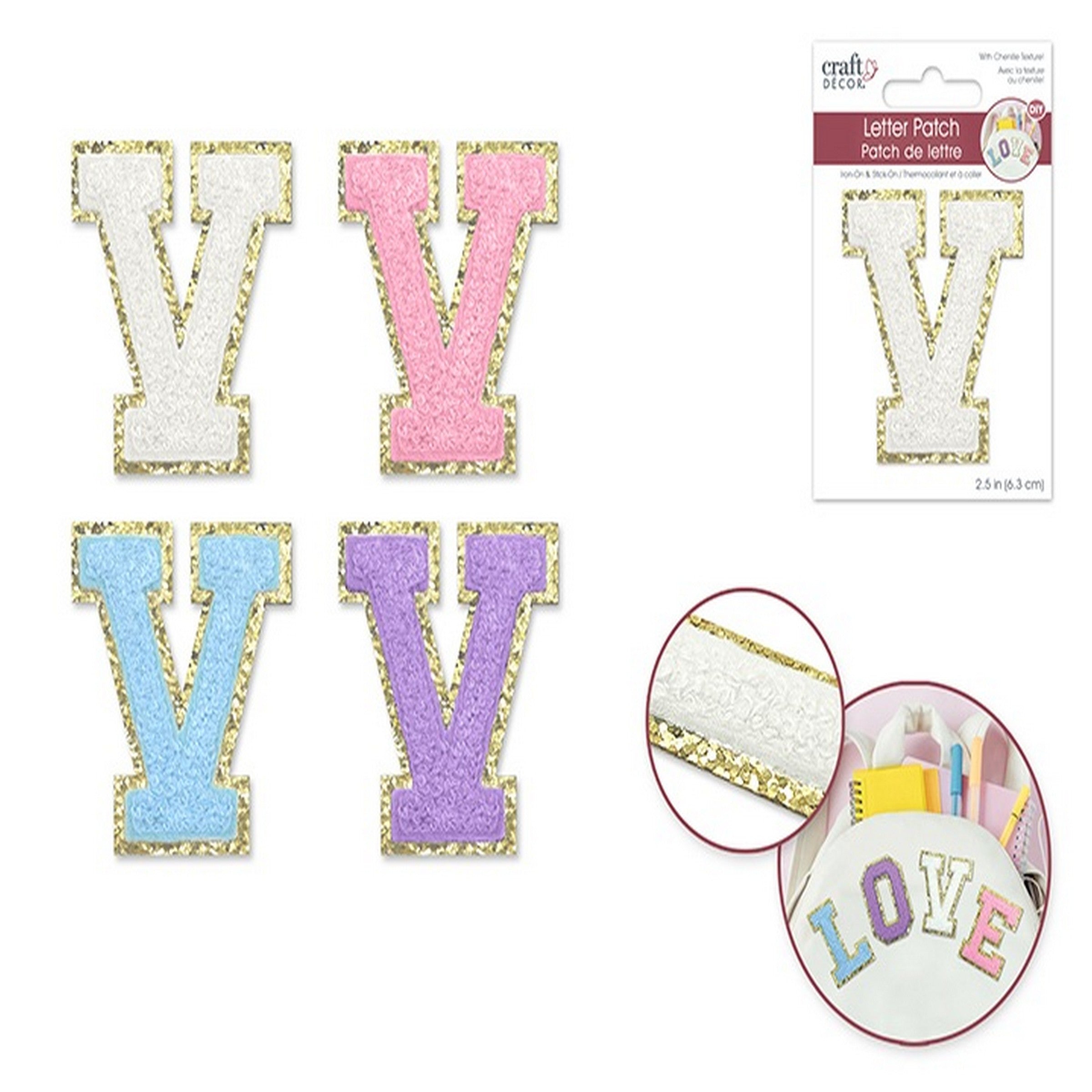 Craft Décor Iron-on 3D Chenille Letter V/Sticker Patch 2.5in  VRT