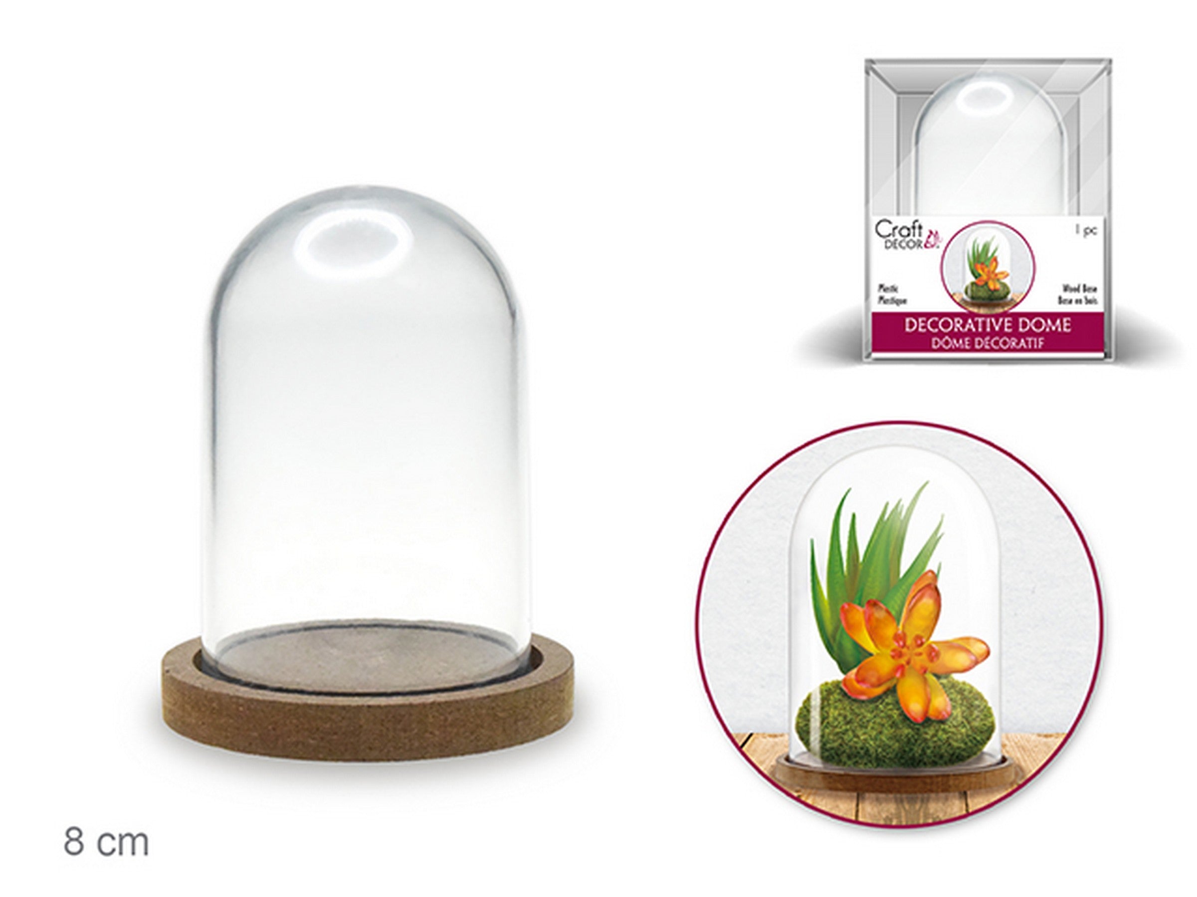 Craft Décor Decorative Plastic Dome with Wood Base 3x2.5in