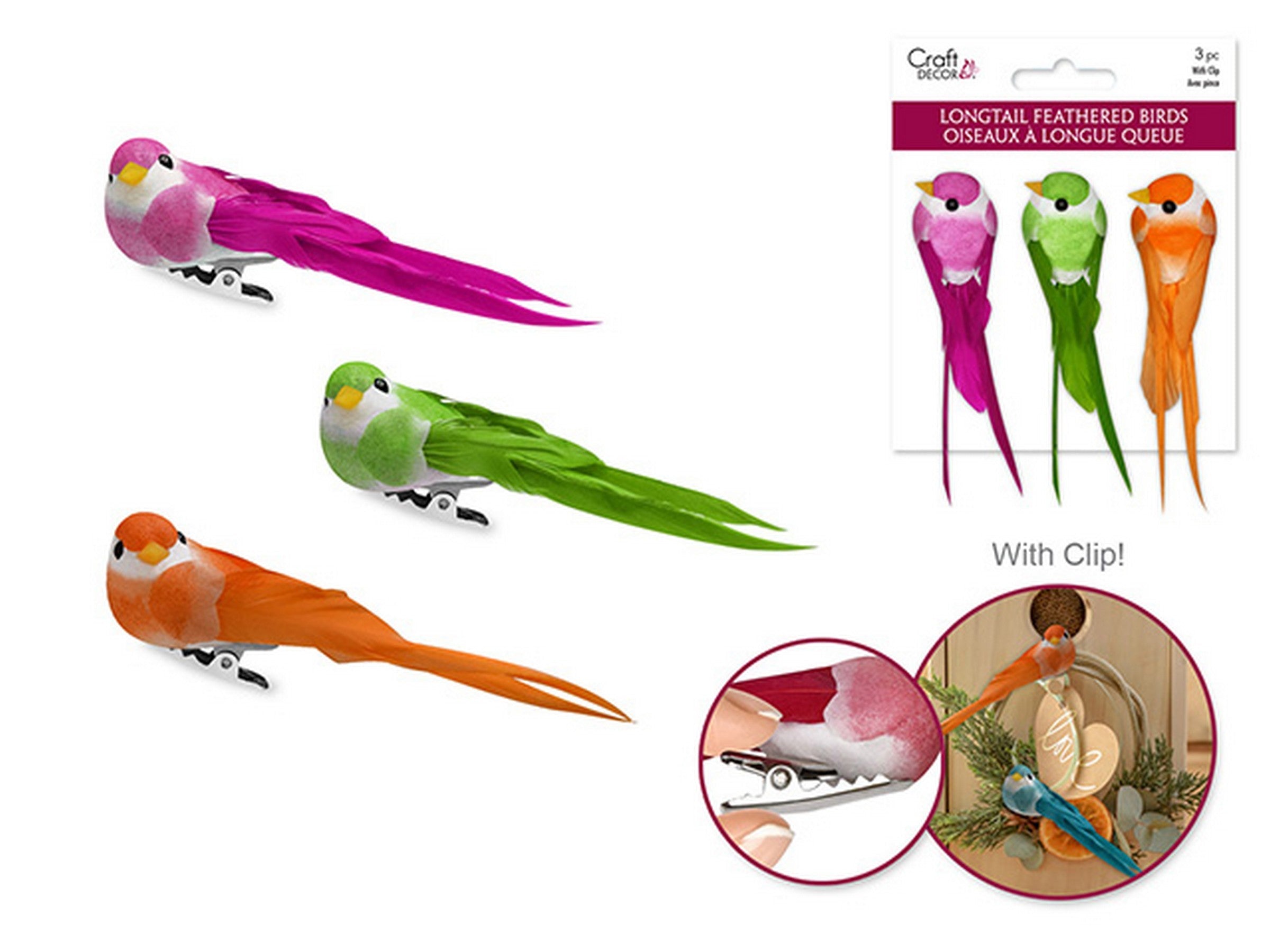 Craft Décor 3 Longtail Feather Birds with Clip Tropical 3.5in