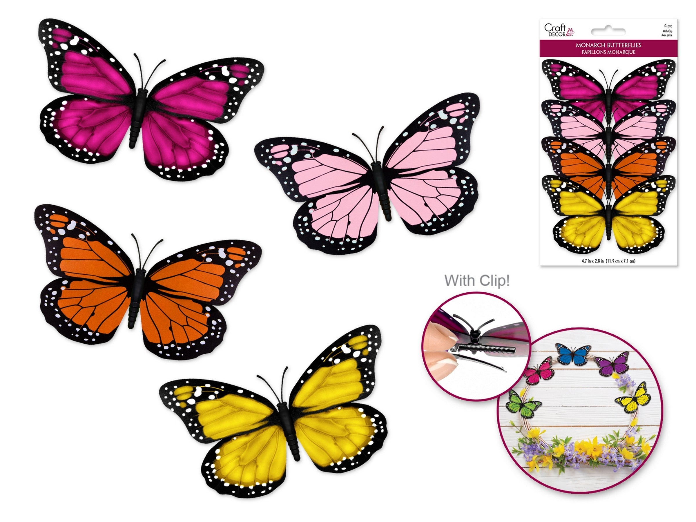 Craft Decor 4 Monarch Butterflies Pastel with Clip - Plastic 4.7x2.8in