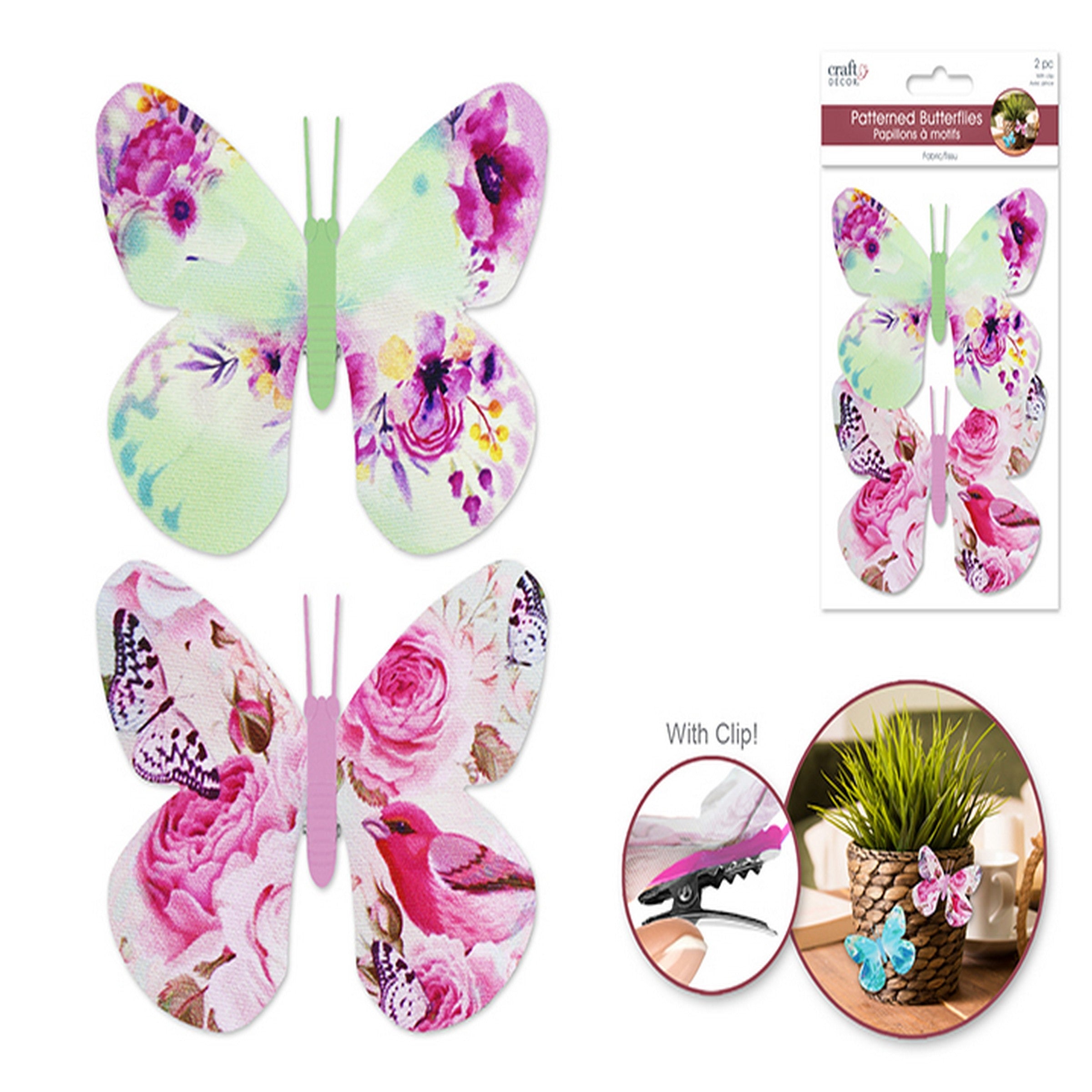 Craft Décor 2 Patterned Butterflies with Clip - Rose 3.9x3in