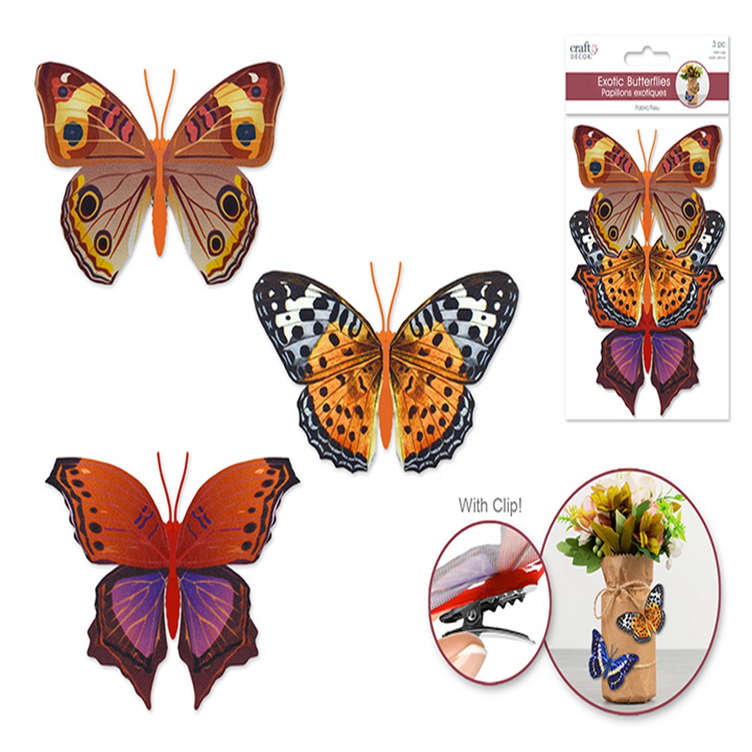Craft Décor 3 Patterned Butterflies with Clip - Monarch 4.3x3.1in