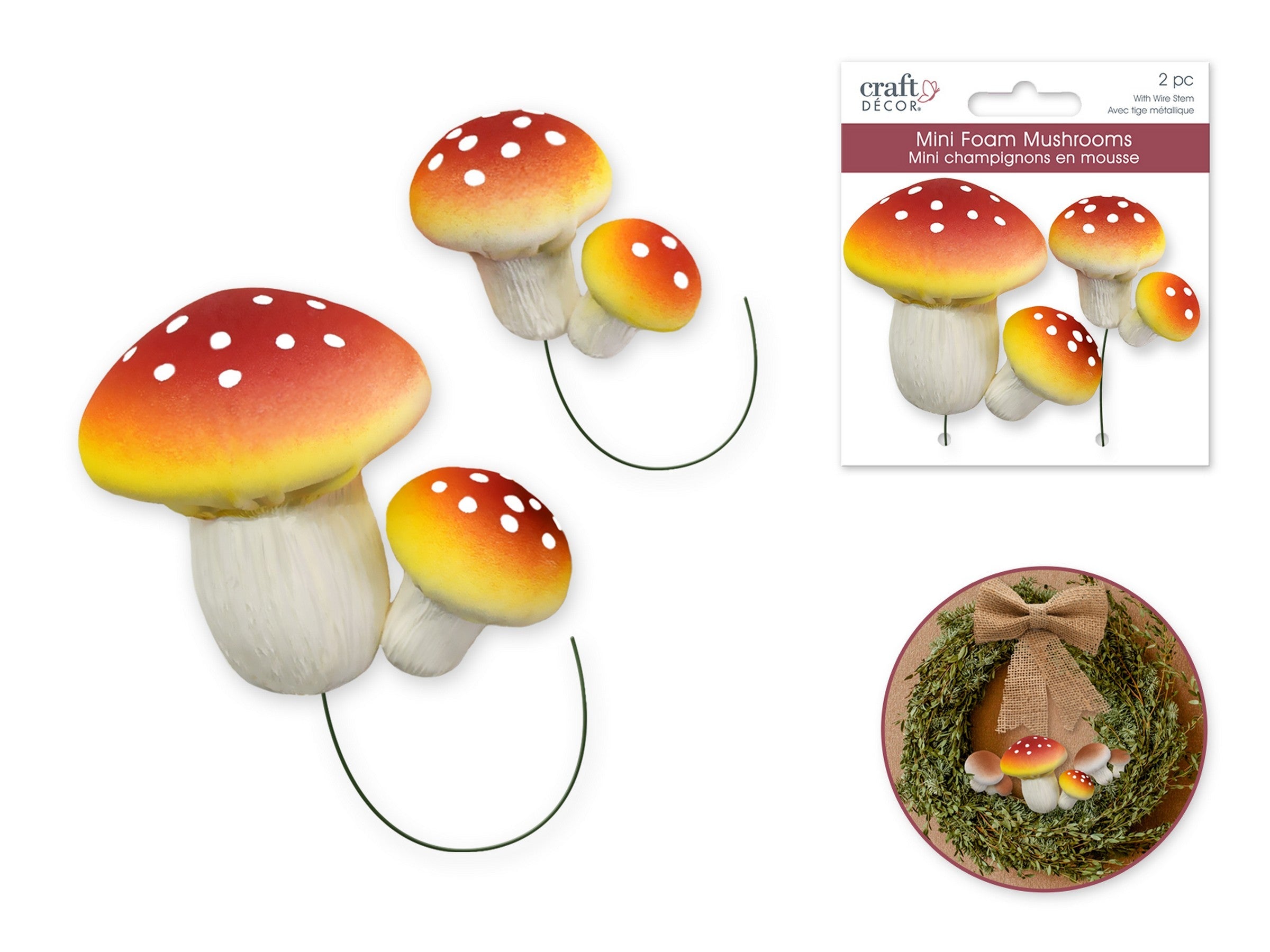 Craft Décor 2 Sets Mini Polka Dots Foam Mushrooms with Wire Stems 1.25in - 2.25in