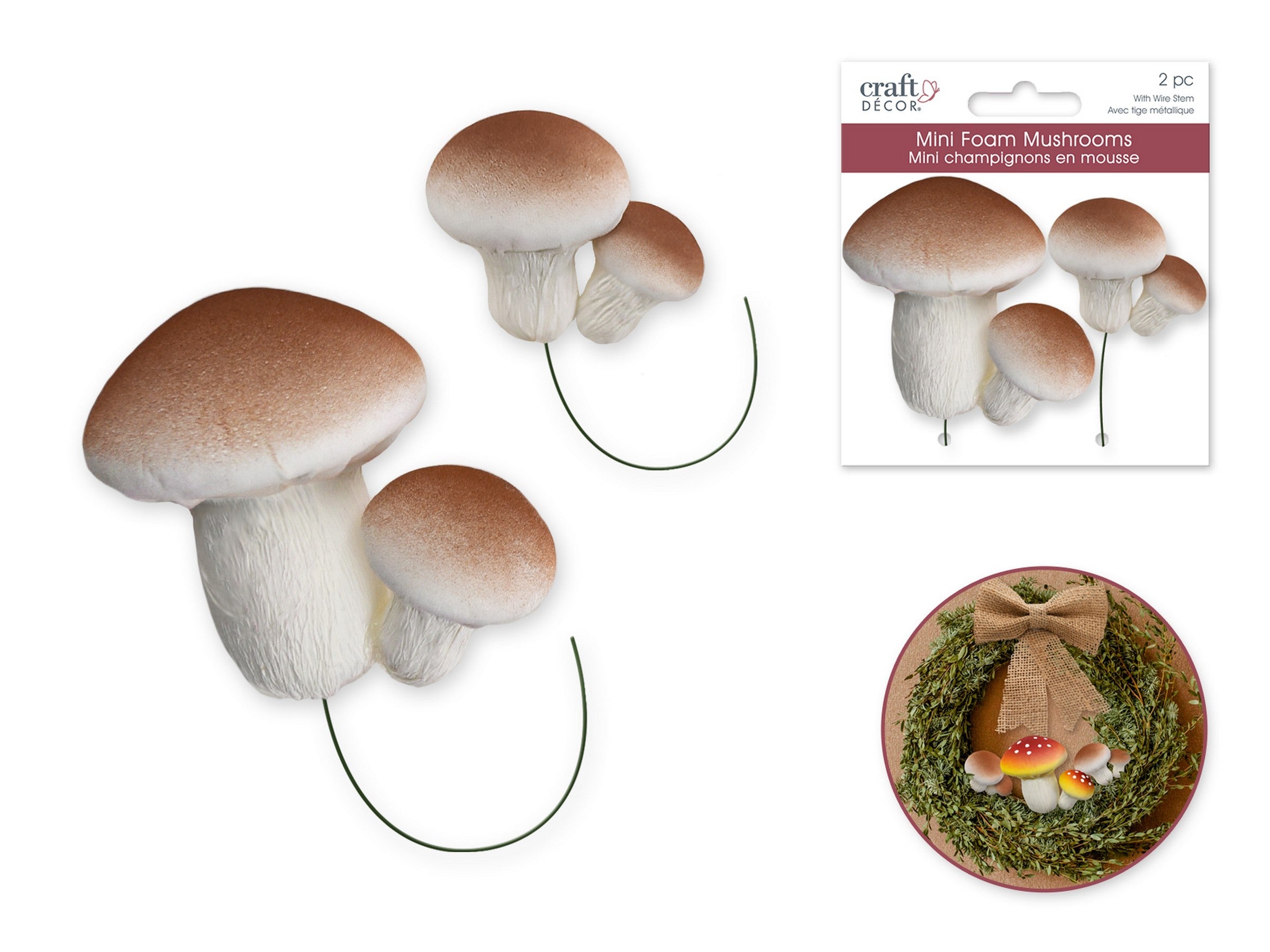 Craft Décor 2 Sets Mini Beige Foam Mushrooms with Wire Stems 1.25in - 2.25in