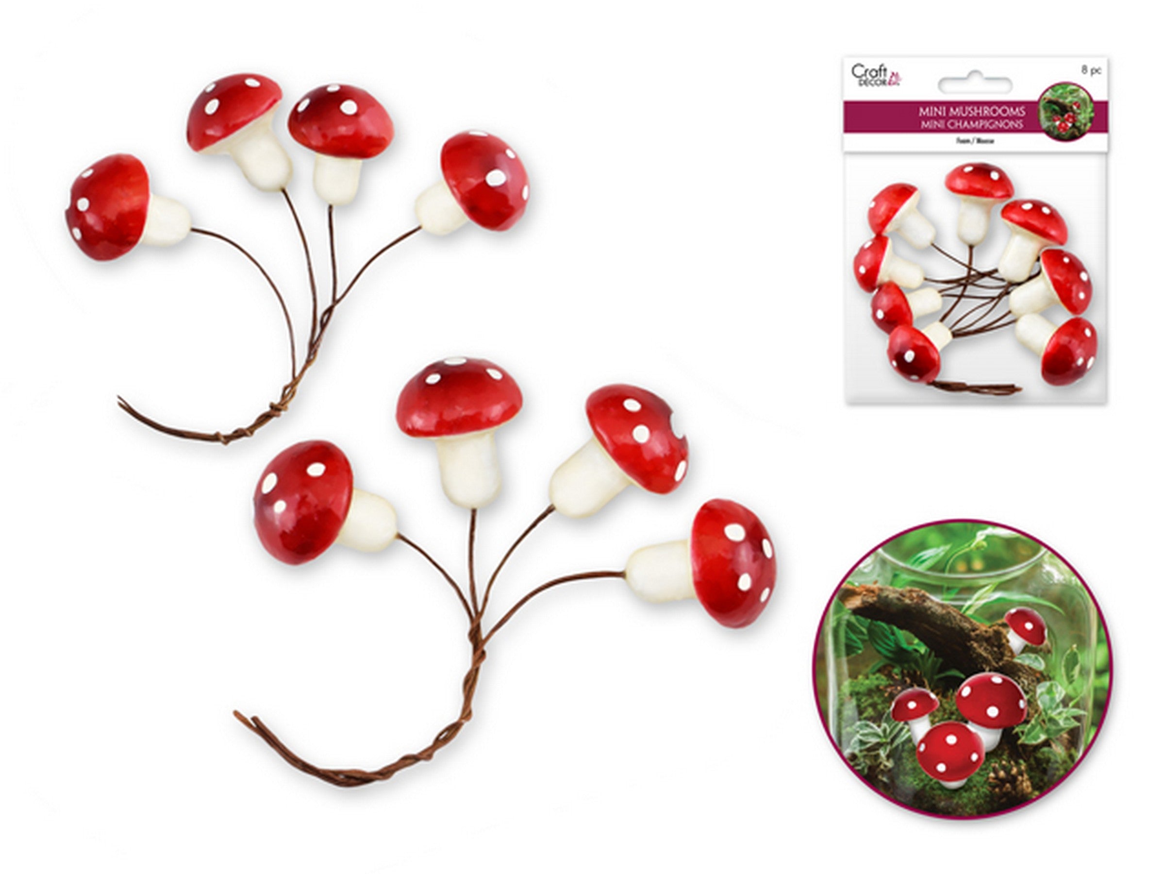 Craft Décor 8 Mini White and Red Mushrooms 1in and 1.25in
