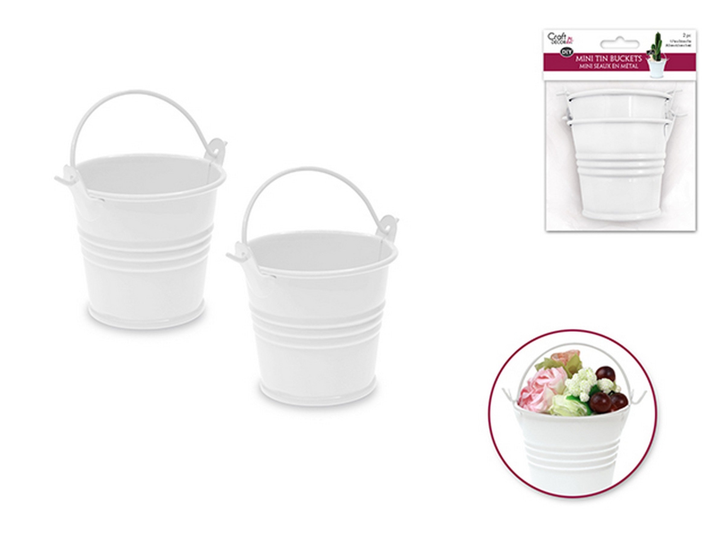 Craft Décor 2 Mini White Tin Buckets with Handle 1.7x2.6x2in