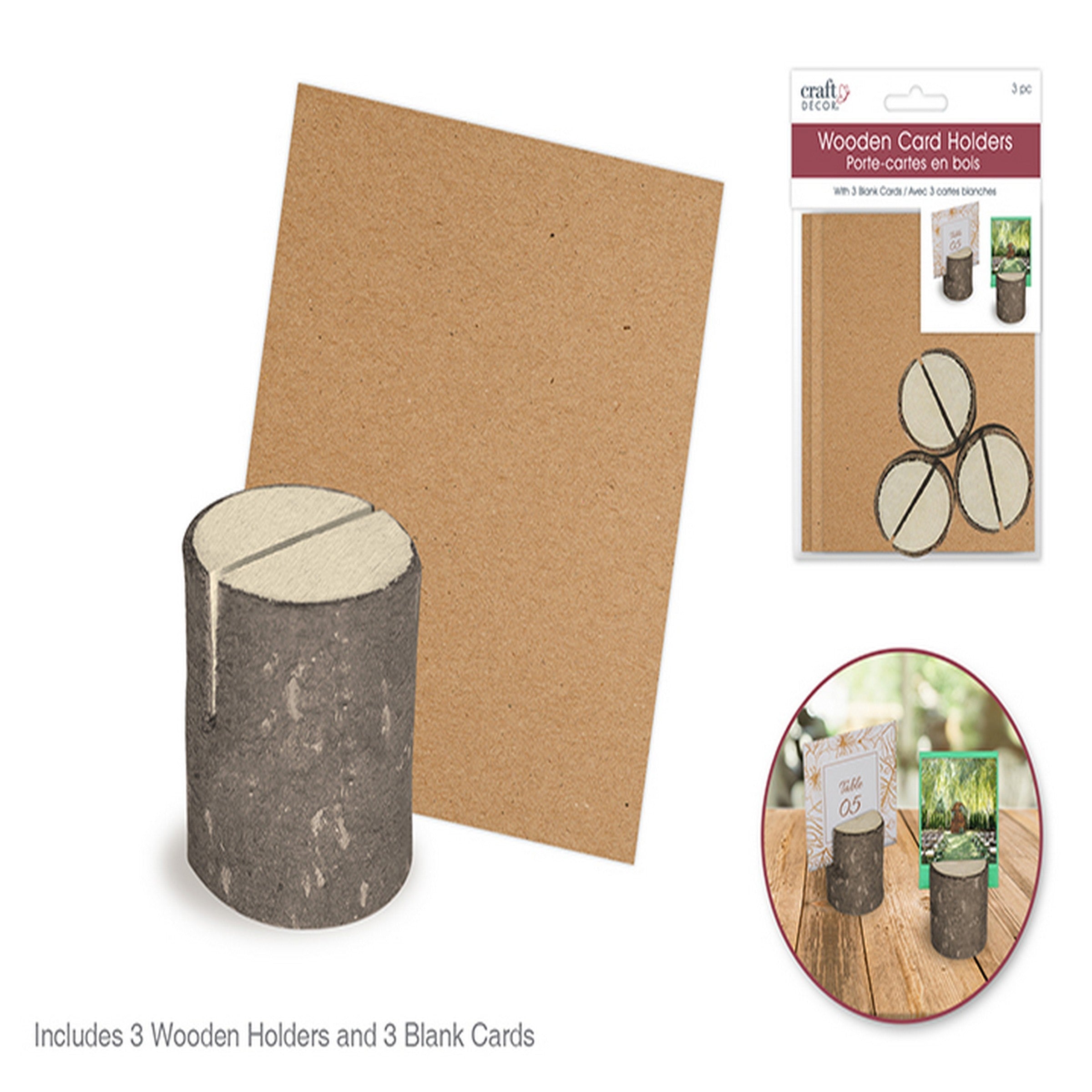 Craft Décor 3pcs Wooden Log Card Holder 1.1x1.2in with 3 Blank Table Cards 3.9x3.5in