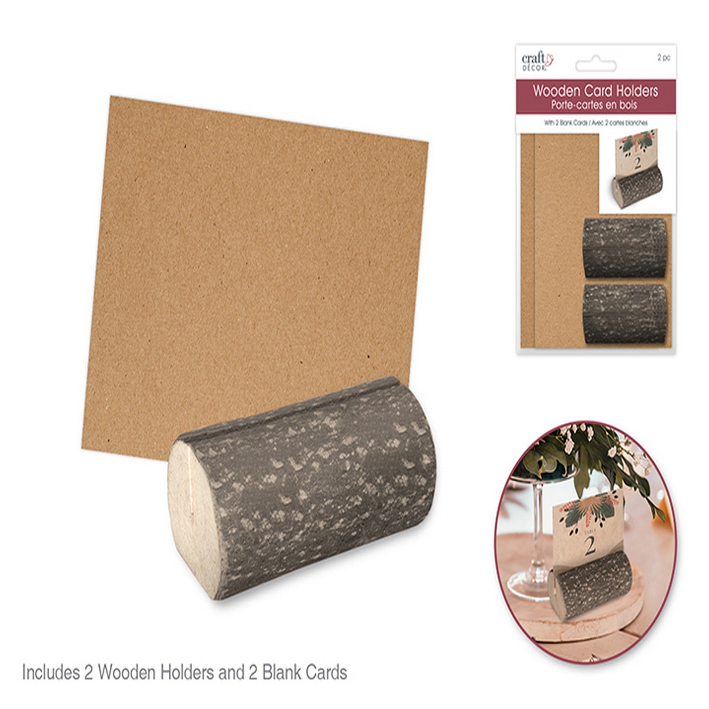Craft Décor 2pcs Wooden Log Card Holder 0.9x2.2in with 2 Blank Table Cards 3.9x3.5in