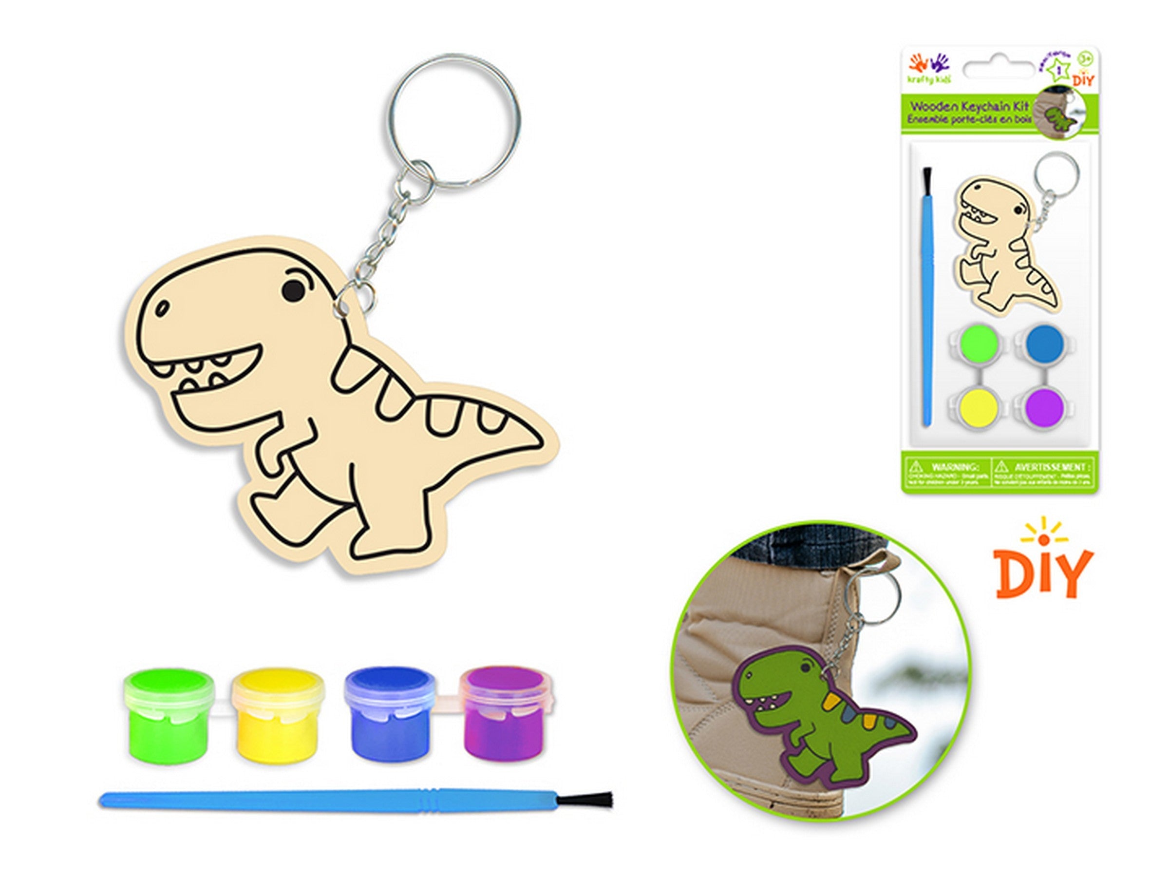 Krafty Kids DIY Wood Keychain Kit T-Rex - Brush and Paint Included 3.25x2.5in