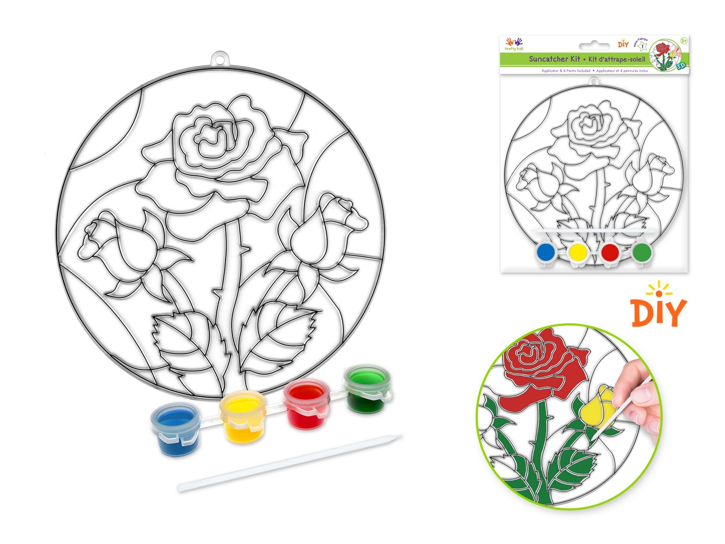 Krafty Kids 3D DIY Suncatcher Kit with Applicator and 4 Paint Pots - Roses 6.8in