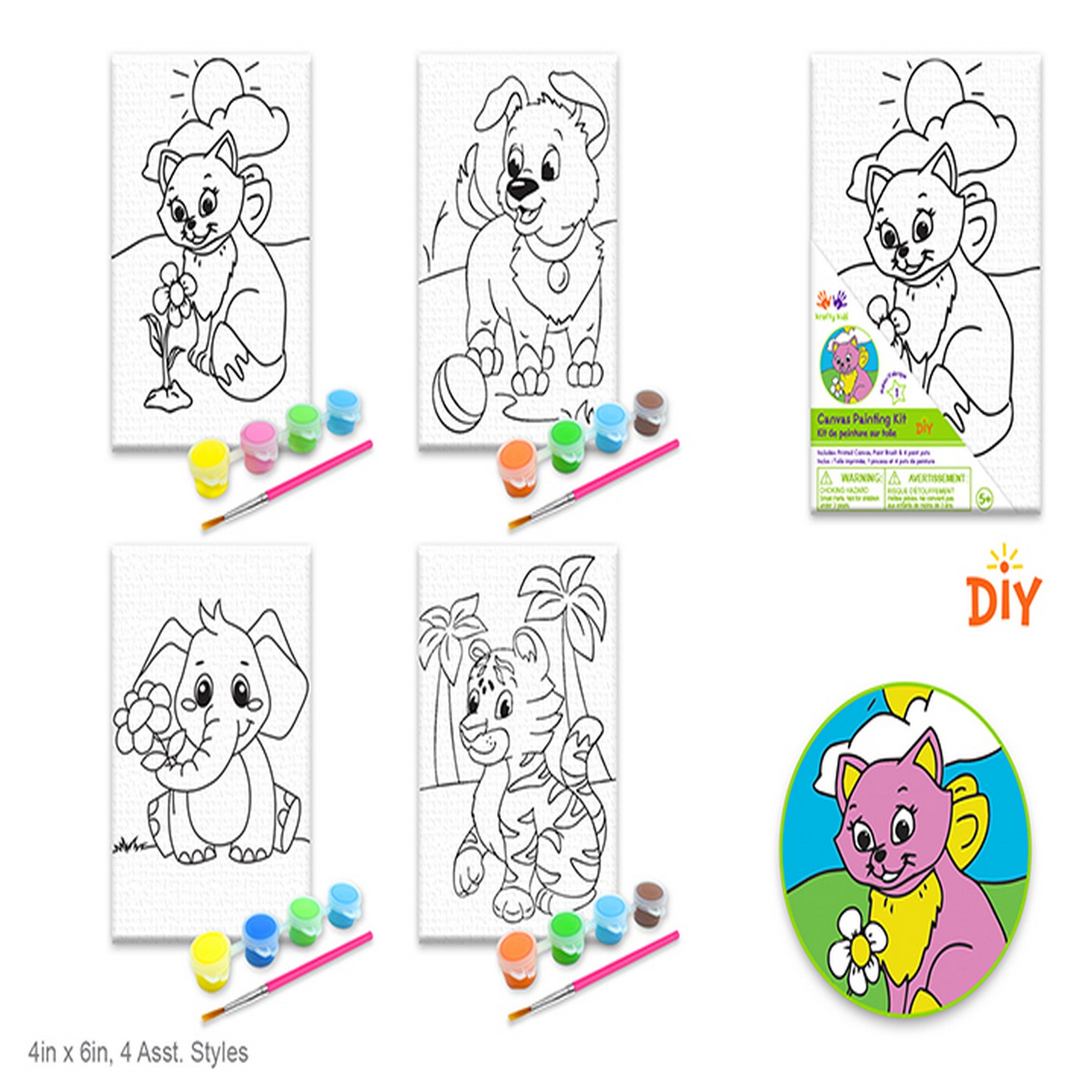 Krafty Kids Printed Canvas with Paint and Brush - Animal Fun 4x6in  VRT
