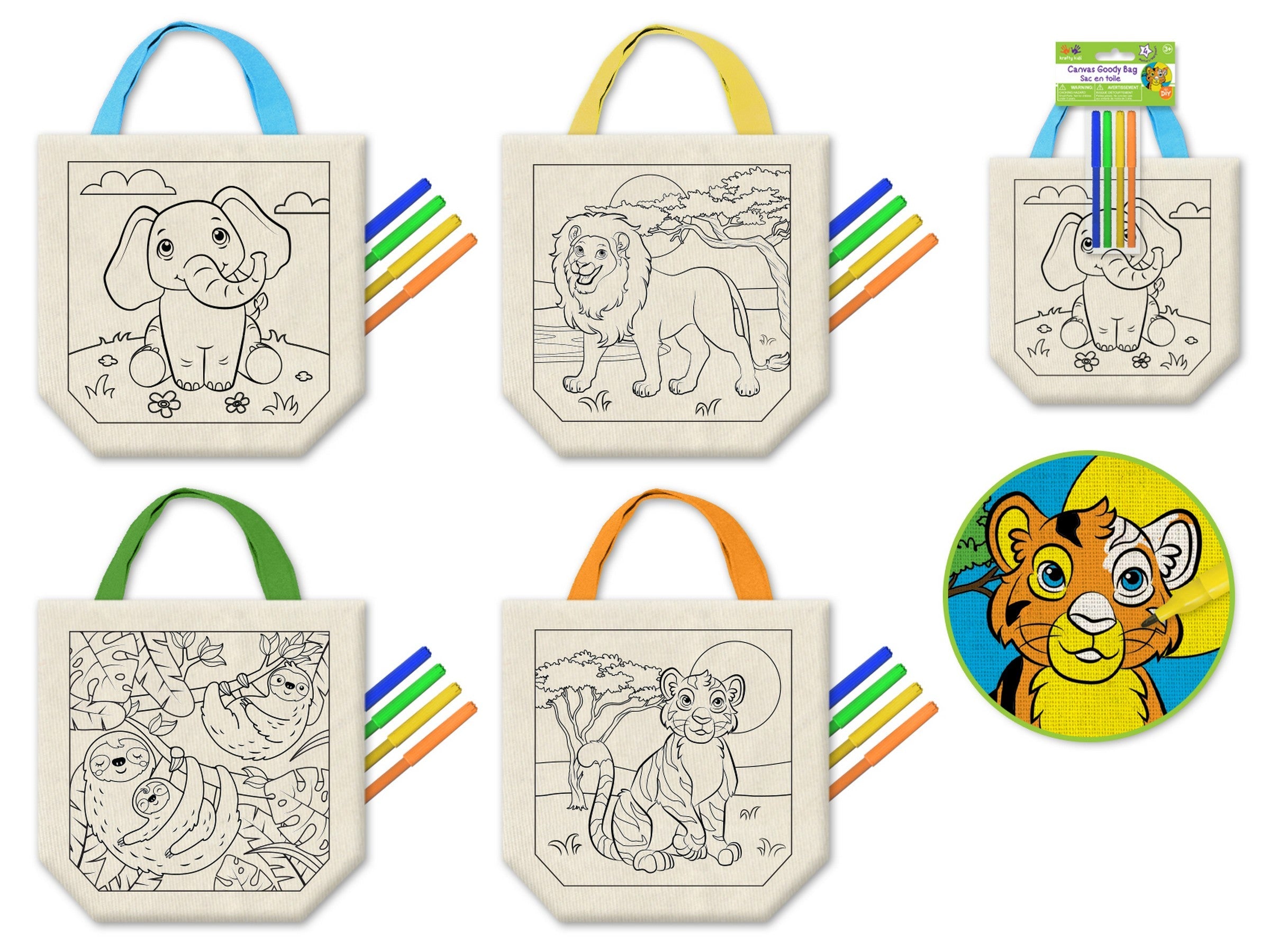 Krafty Kids Printed Canvas Goody Bag with Handle Jungle - 4 Markers Included 8x8.5in  VRT