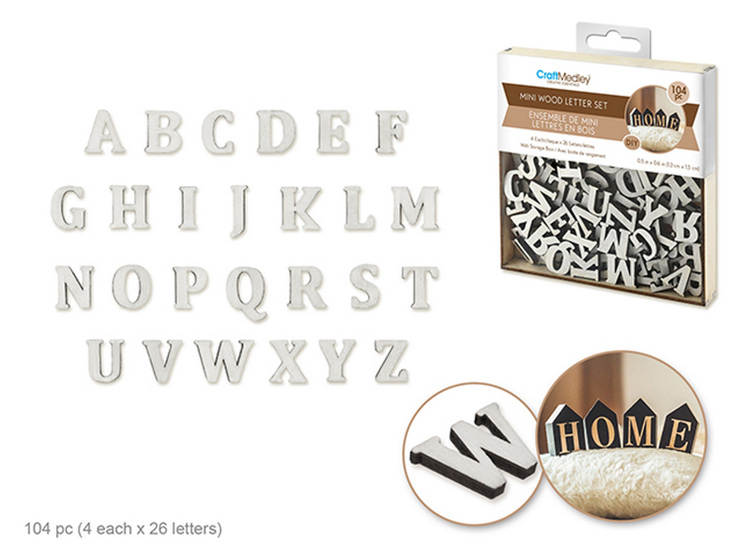 Craft Medley 104pcs Mini Wooden Letters Kit White 4x4in box